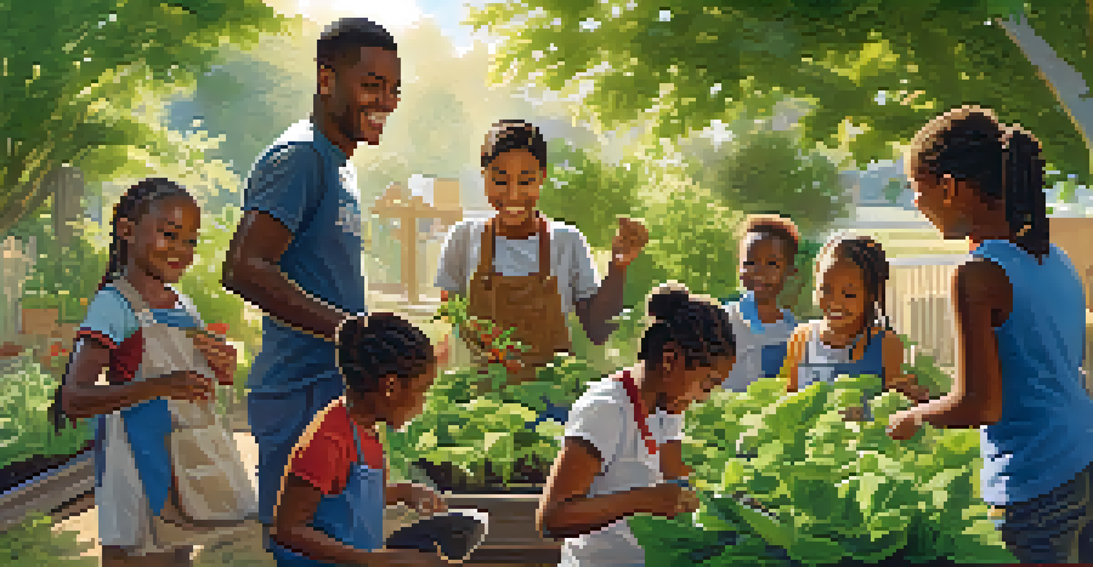 A mentor guiding children in a community garden, showing them how to plant seeds under the warm sunlight.