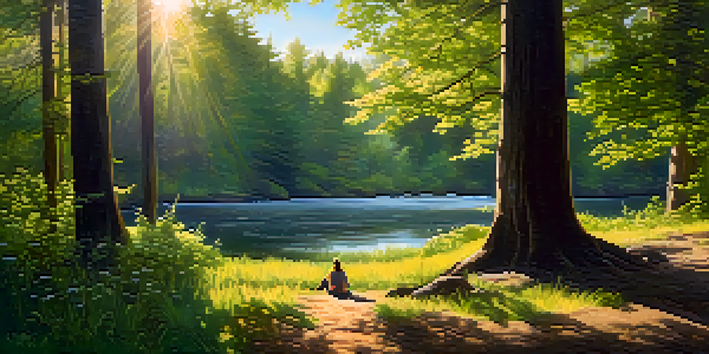 A person meditating in a tranquil forest at sunset, surrounded by wildflowers and dappled sunlight.