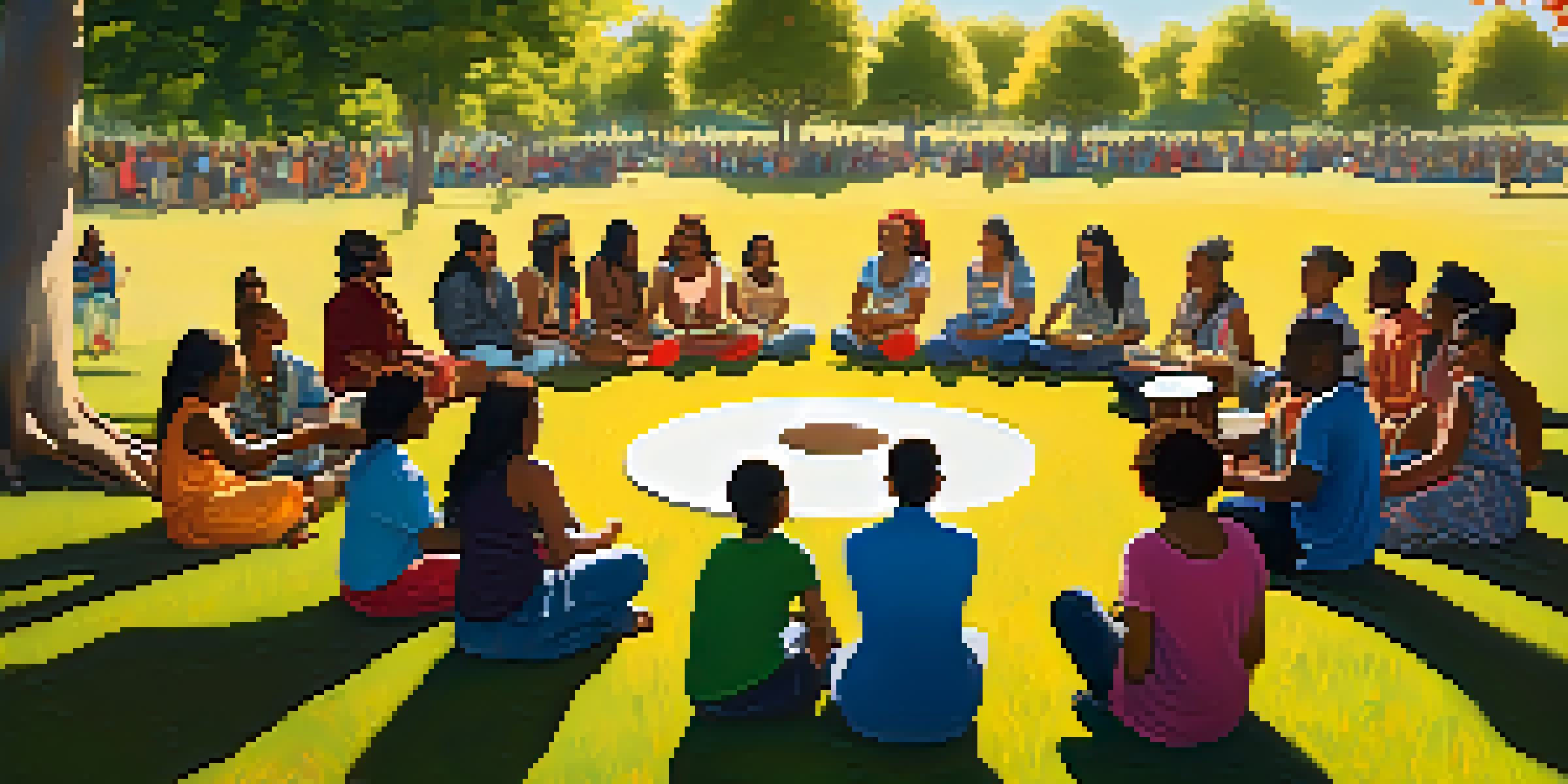 A diverse group of people playing drums in a circle, surrounded by trees and grass, with sunlight filtering through the leaves.