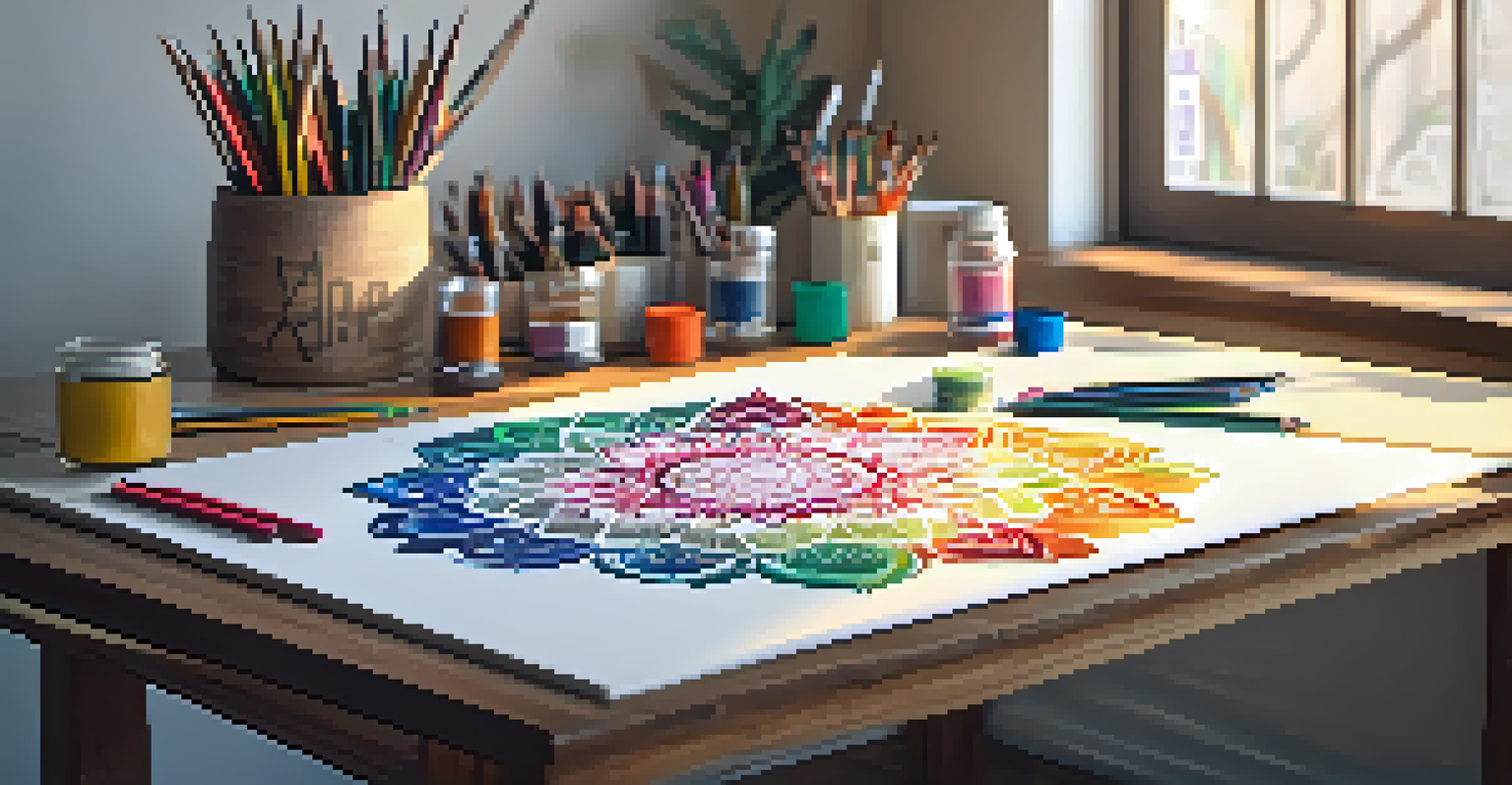 An artistic workspace with a partially completed mandala on a canvas, surrounded by art supplies and warm natural light.