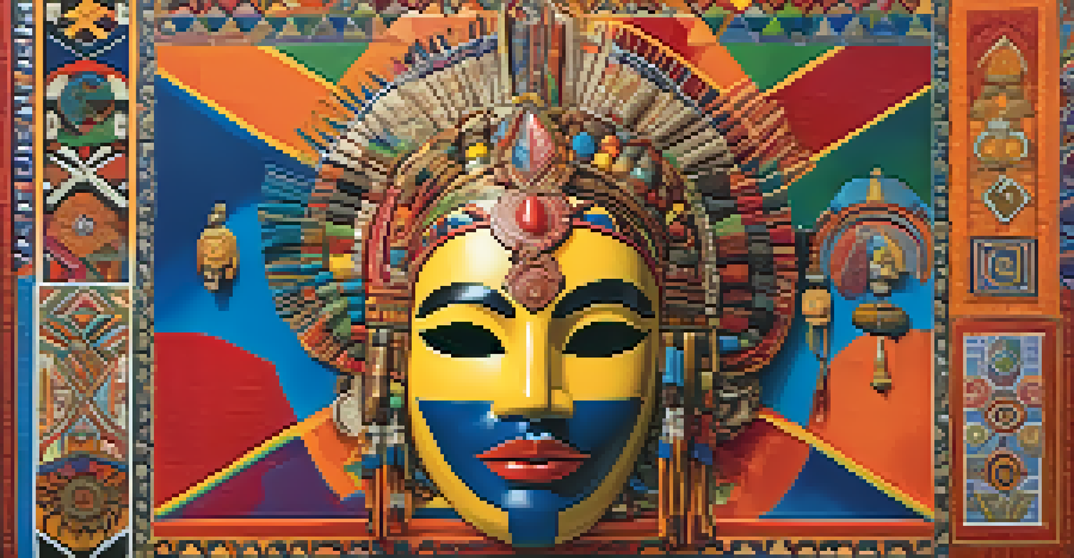 A vibrant collage of cultural symbols representing gender diversity in spirituality, featuring masks, sacred objects, and textiles against a colorful background.