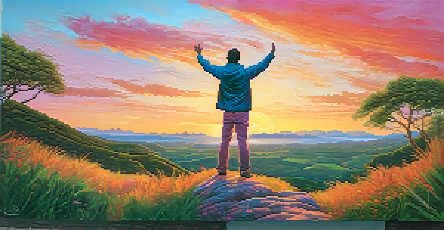 A person on a hilltop at sunset, arms raised in empowerment against a colorful sky.