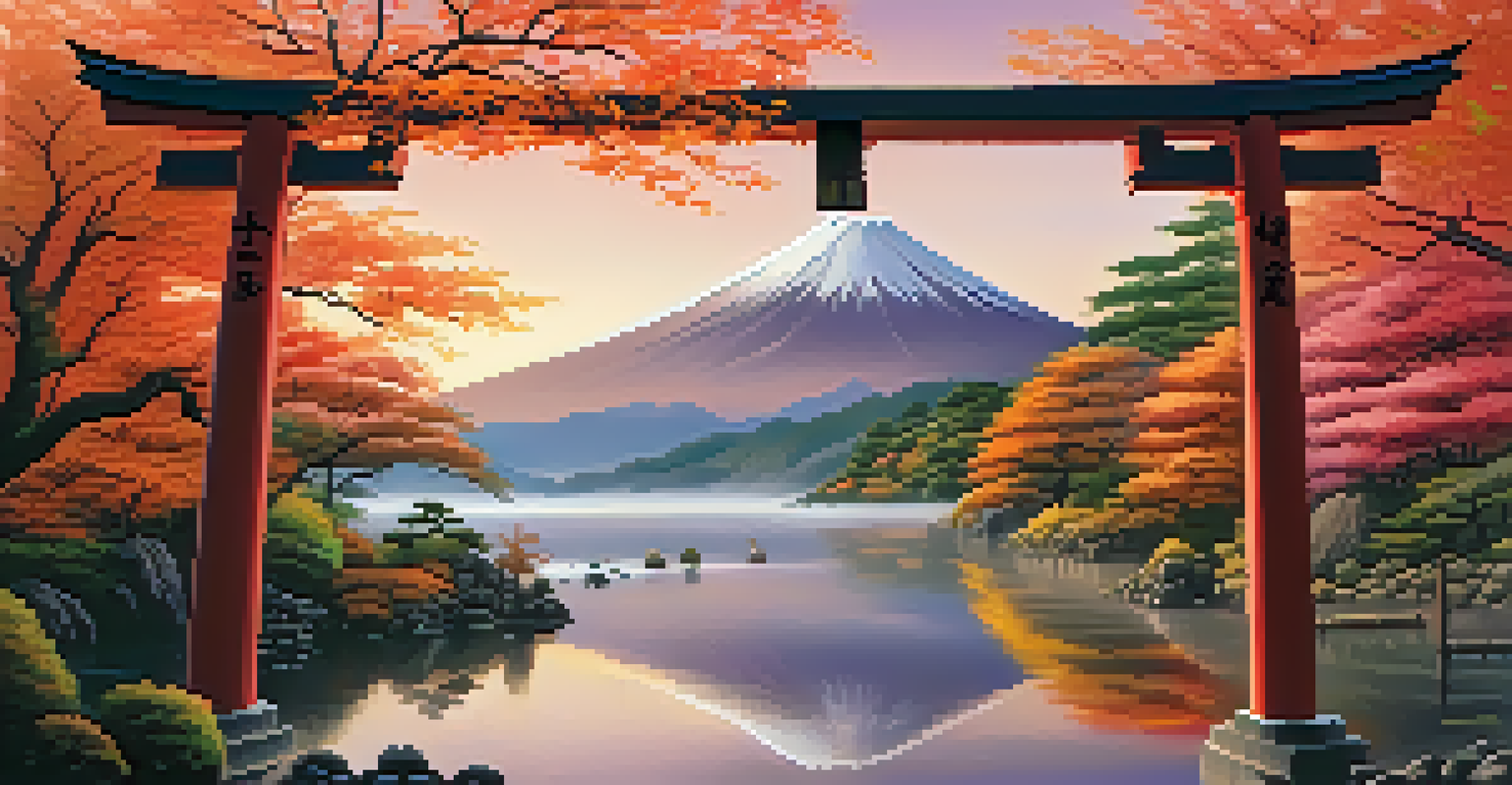 Mount Fuji in autumn surrounded by colorful foliage and a traditional torii gate, with reflections in a lake.
