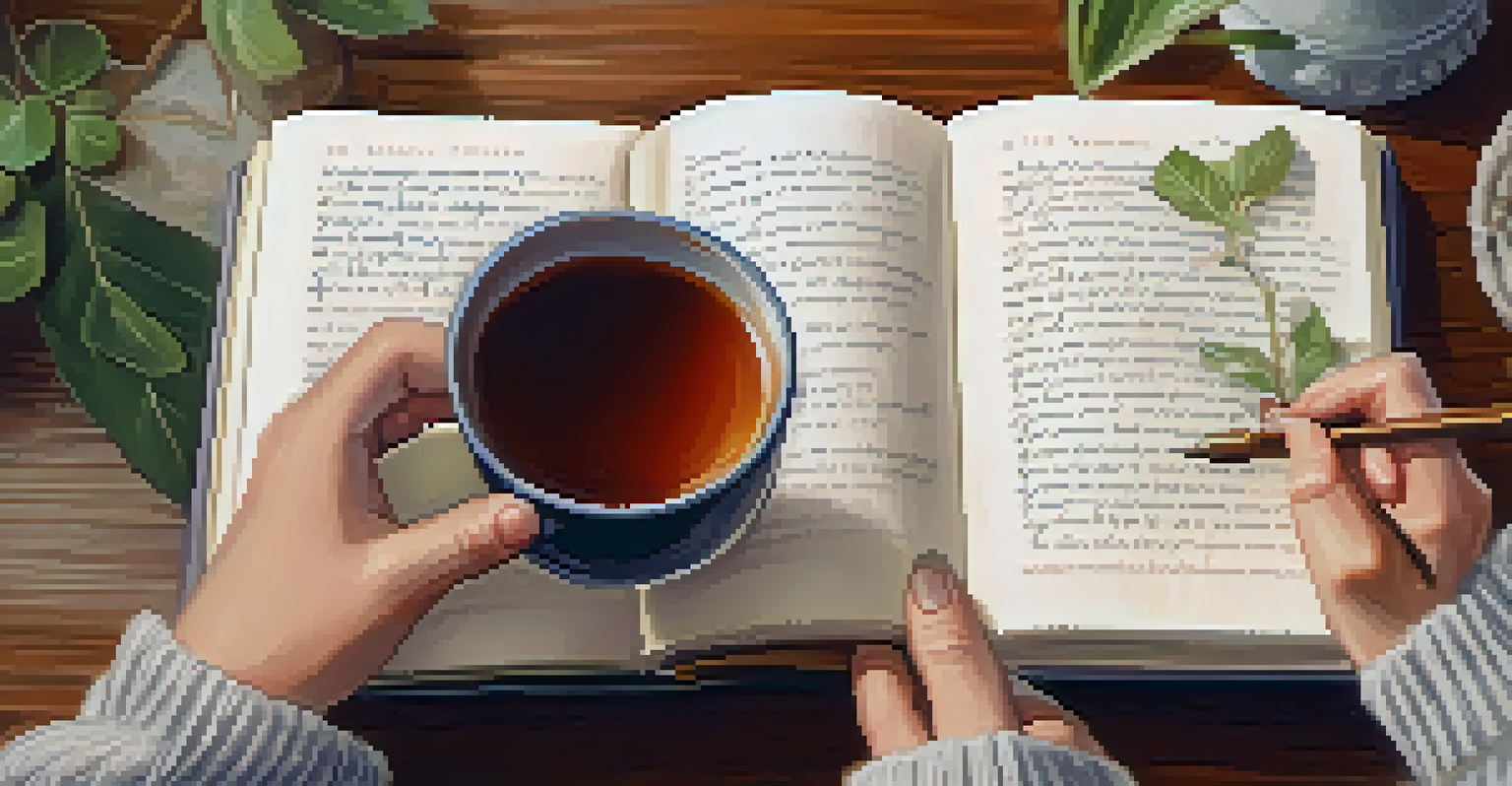 A close-up of hands holding a gratitude journal with handwritten affirmations, set in a cozy space with soft natural lighting.