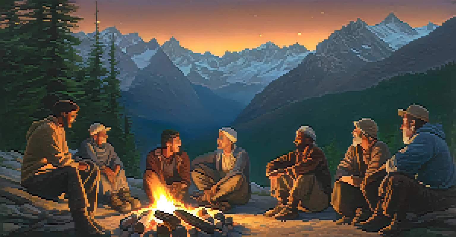 A group of pilgrims sitting around a campfire at dusk, sharing stories with mountains and a starry sky in the background.