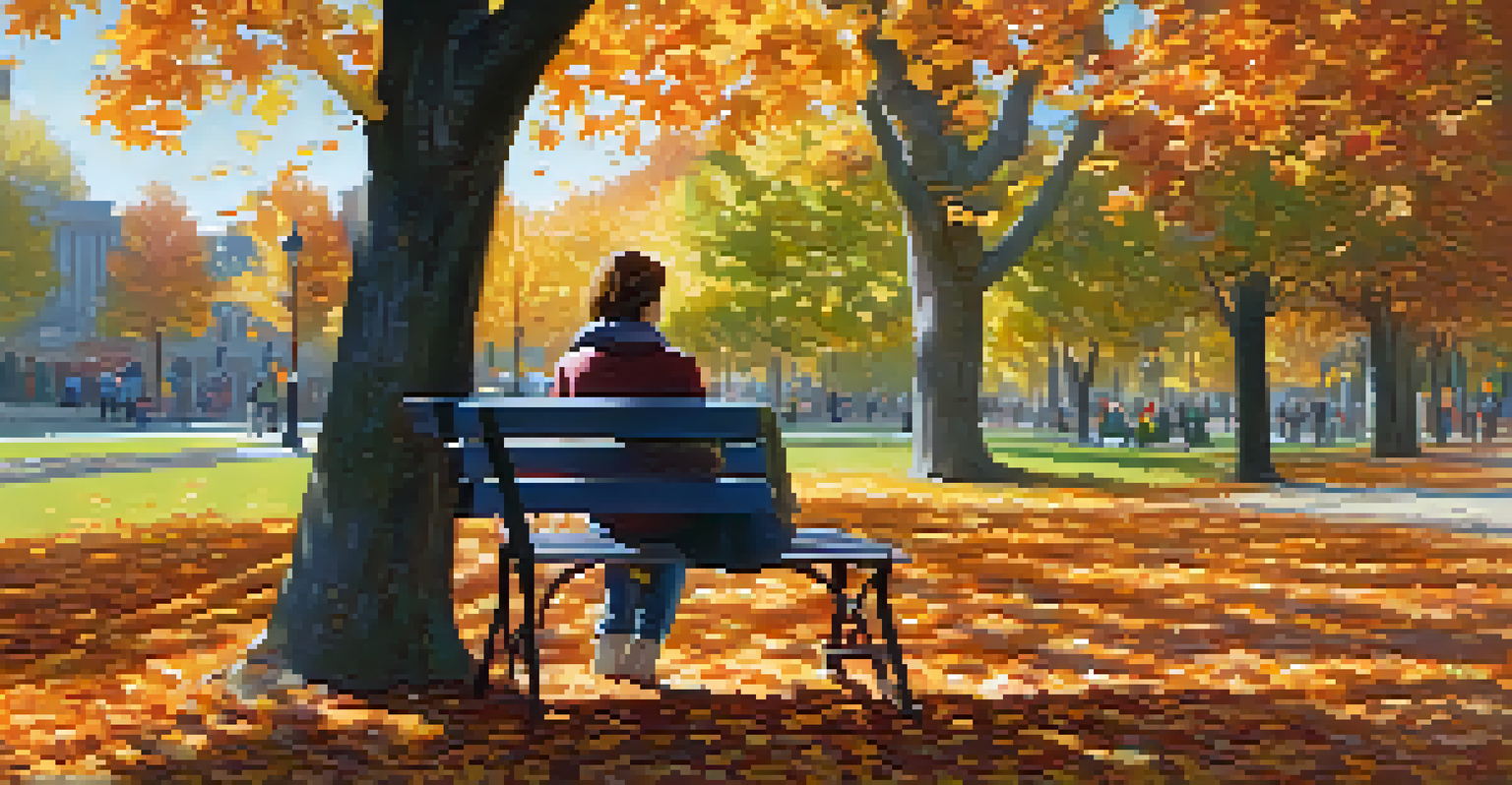 A person on a park bench writing in a gratitude journal surrounded by colorful autumn leaves.