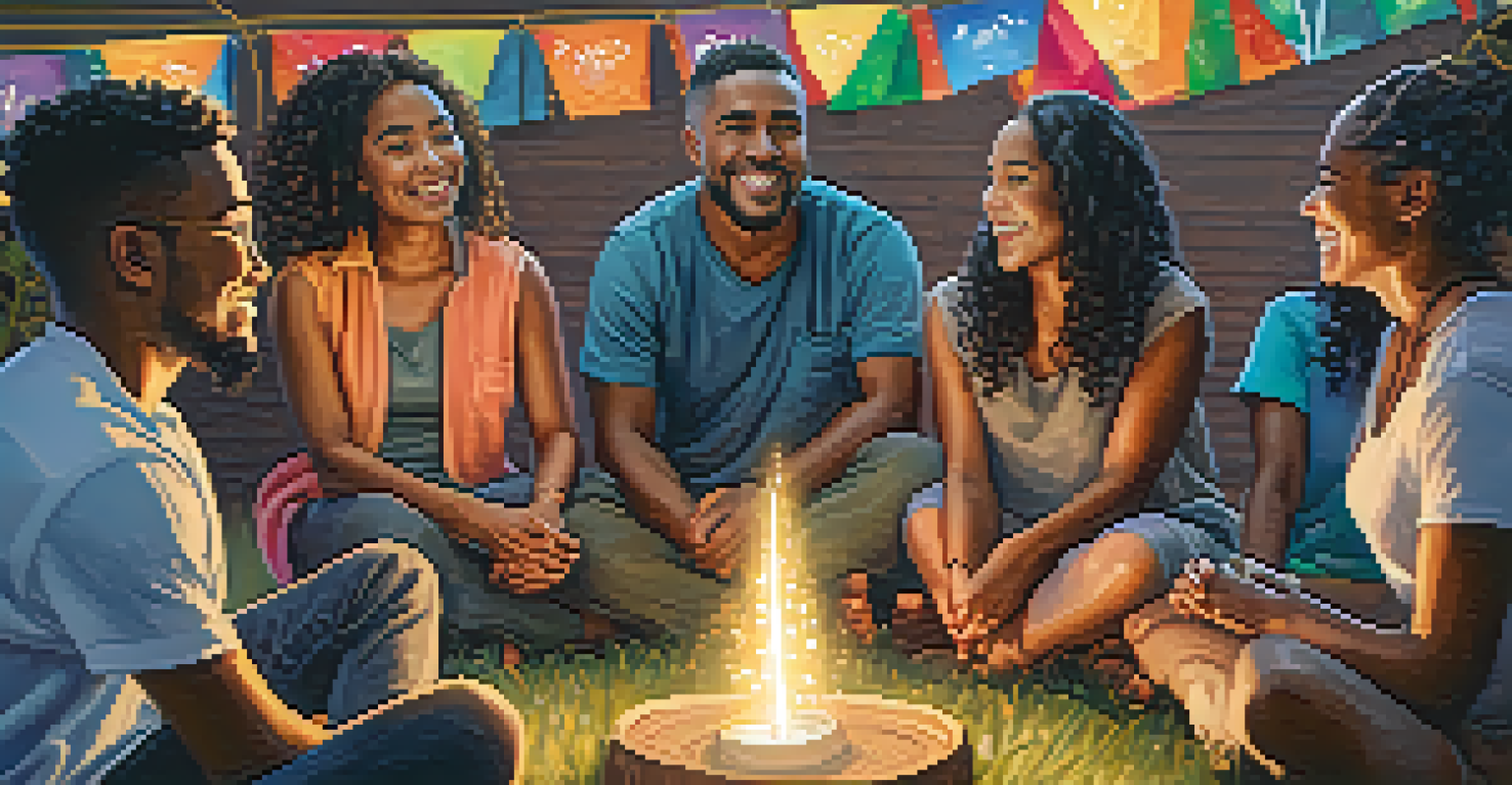 A diverse group of people gathered in a circle at a community event, sharing stories and smiles.