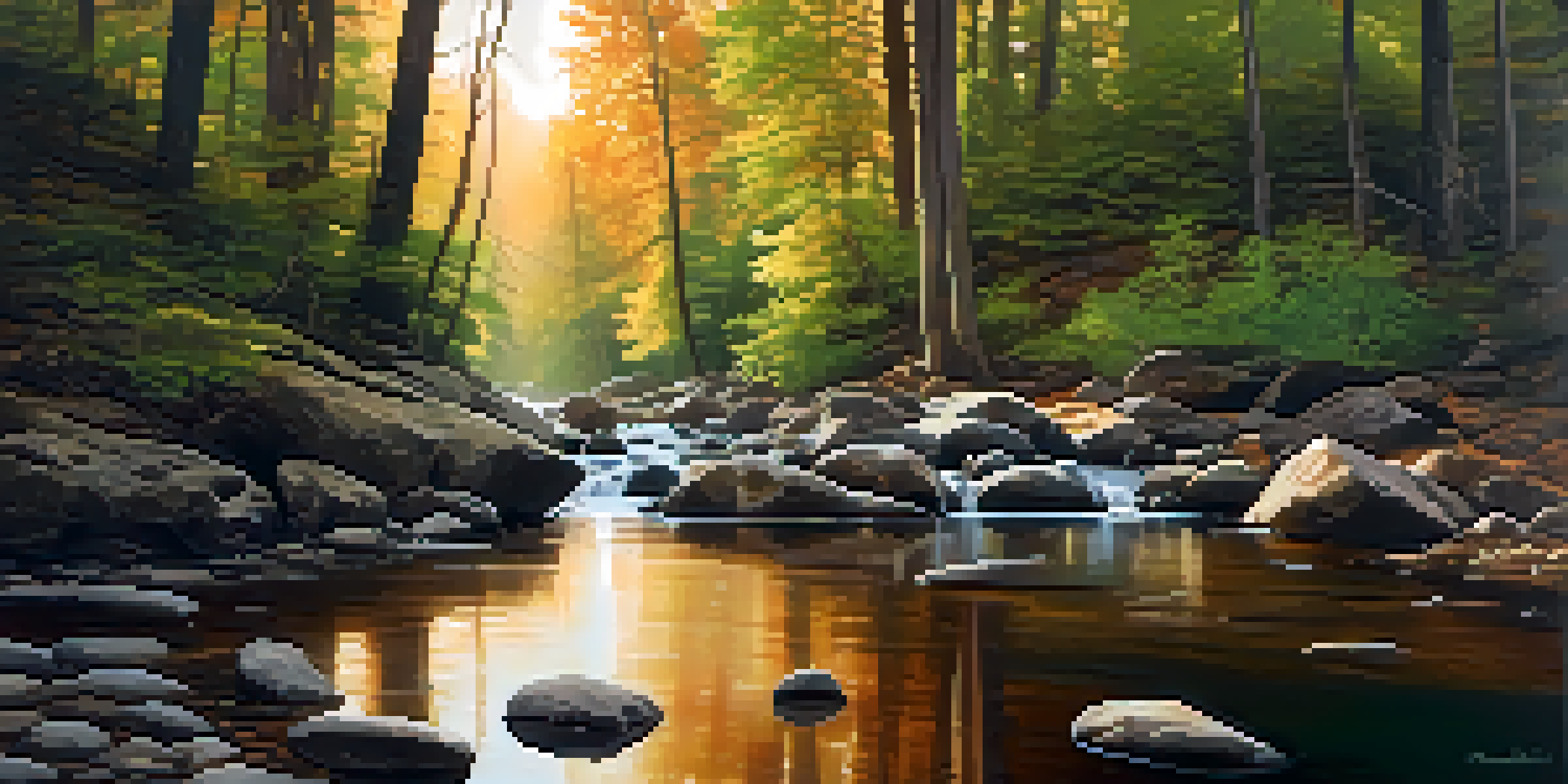 A tranquil forest scene with sunlight shining through the trees and a gentle stream flowing over stones.
