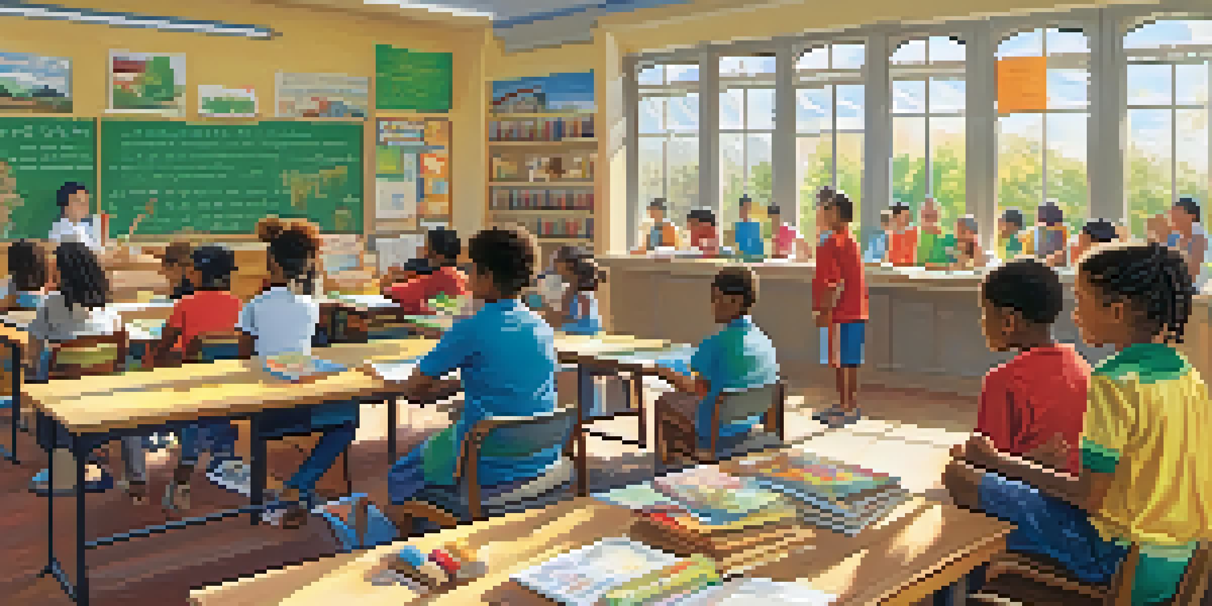 Students of different backgrounds working together on a project in a colorful classroom filled with educational materials about interfaith understanding.