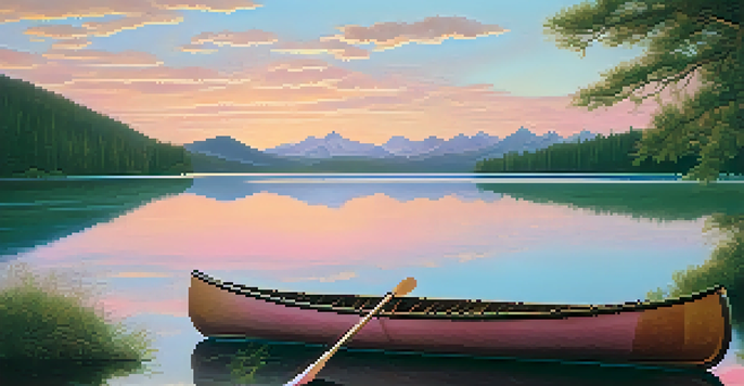 A peaceful lake at sunrise with a canoe floating on the water, framed by green forests and mountains.
