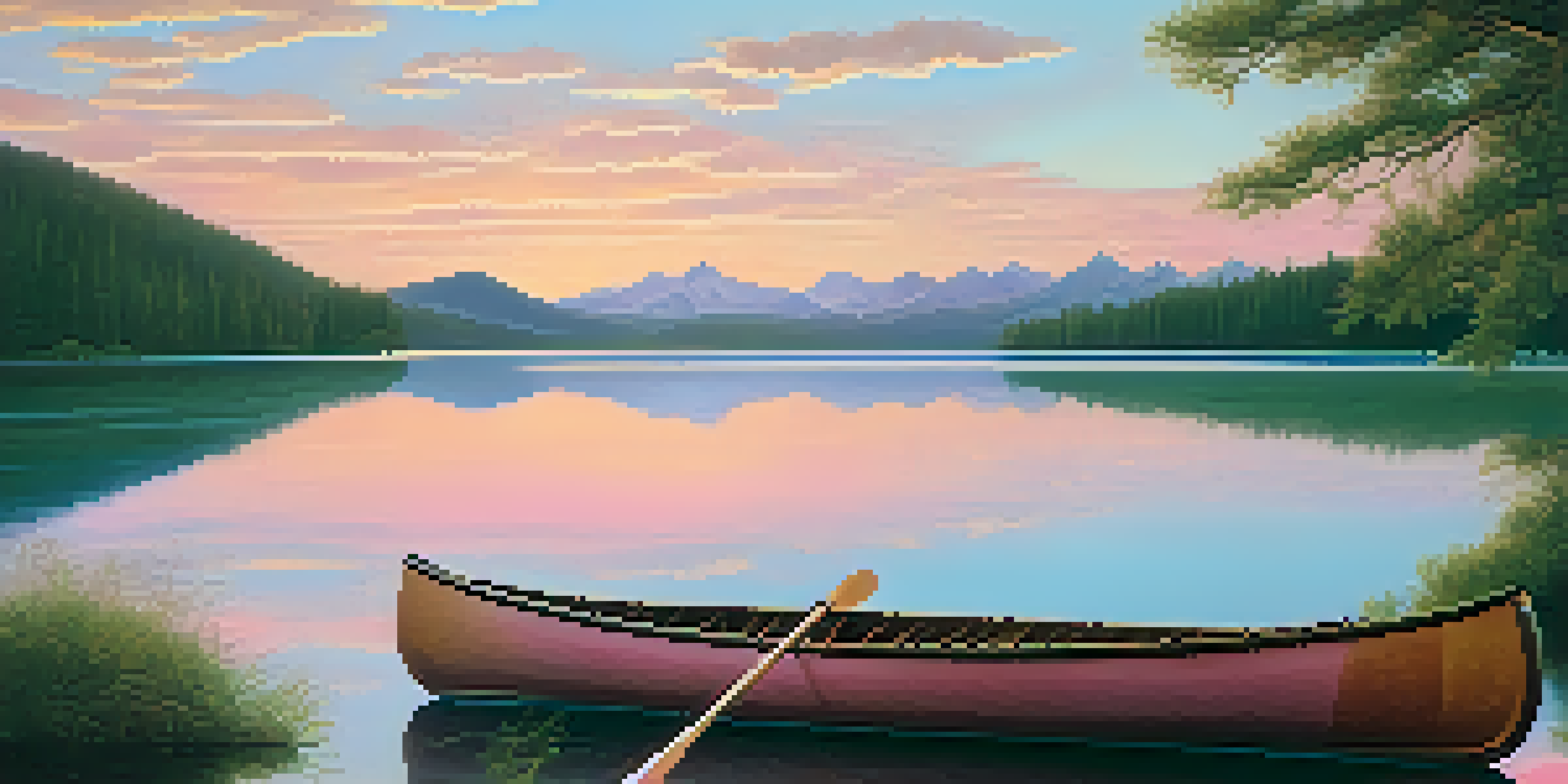 A peaceful lake at sunrise with a canoe floating on the water, framed by green forests and mountains.