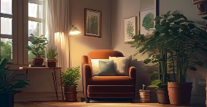 A cozy room corner with an armchair, plants, a candle, and an open journal, creating a peaceful atmosphere for reflection.