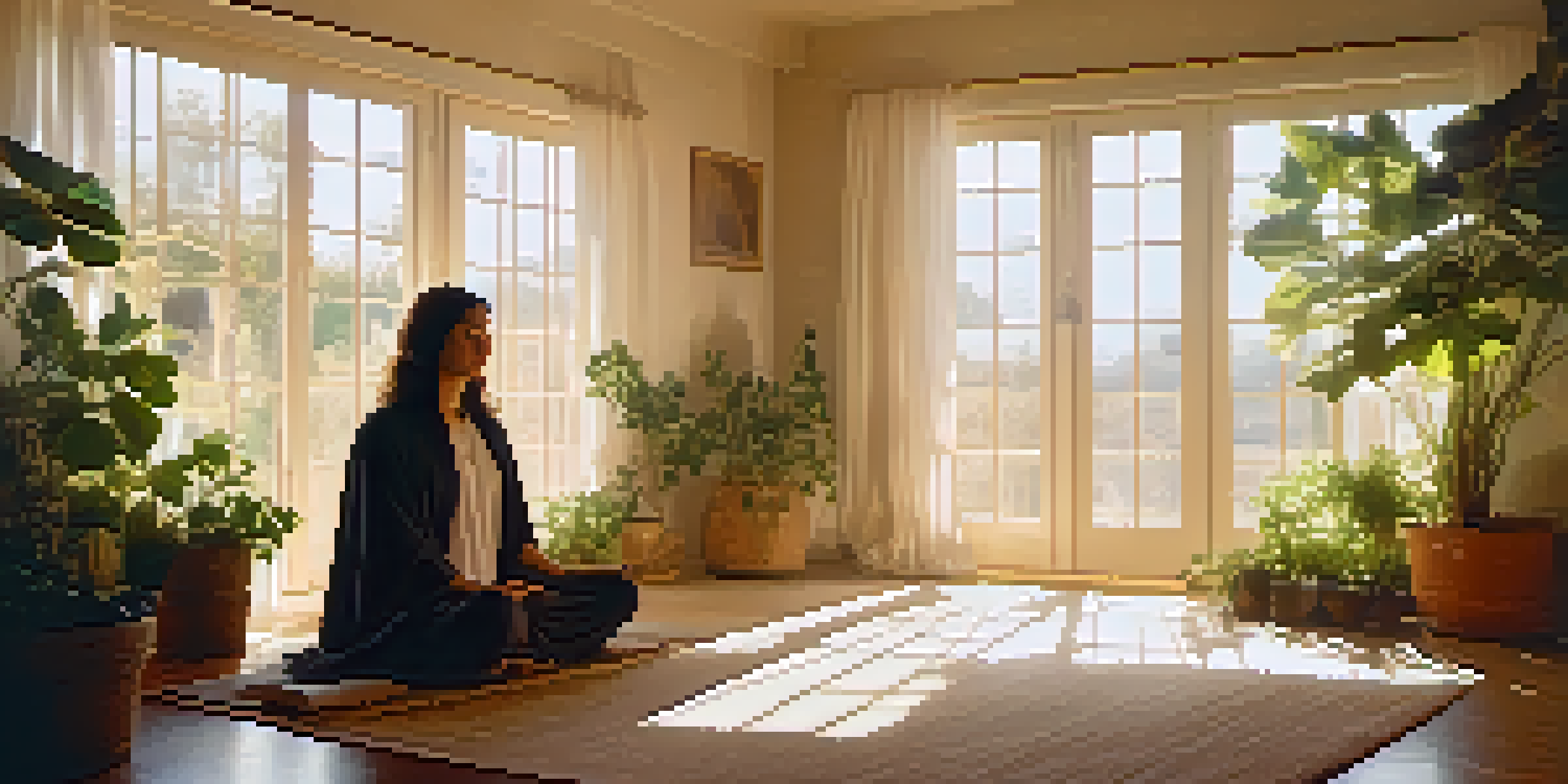 A person meditating in a sunlit room, surrounded by plants and candles, with sunbeams filtering through curtains.