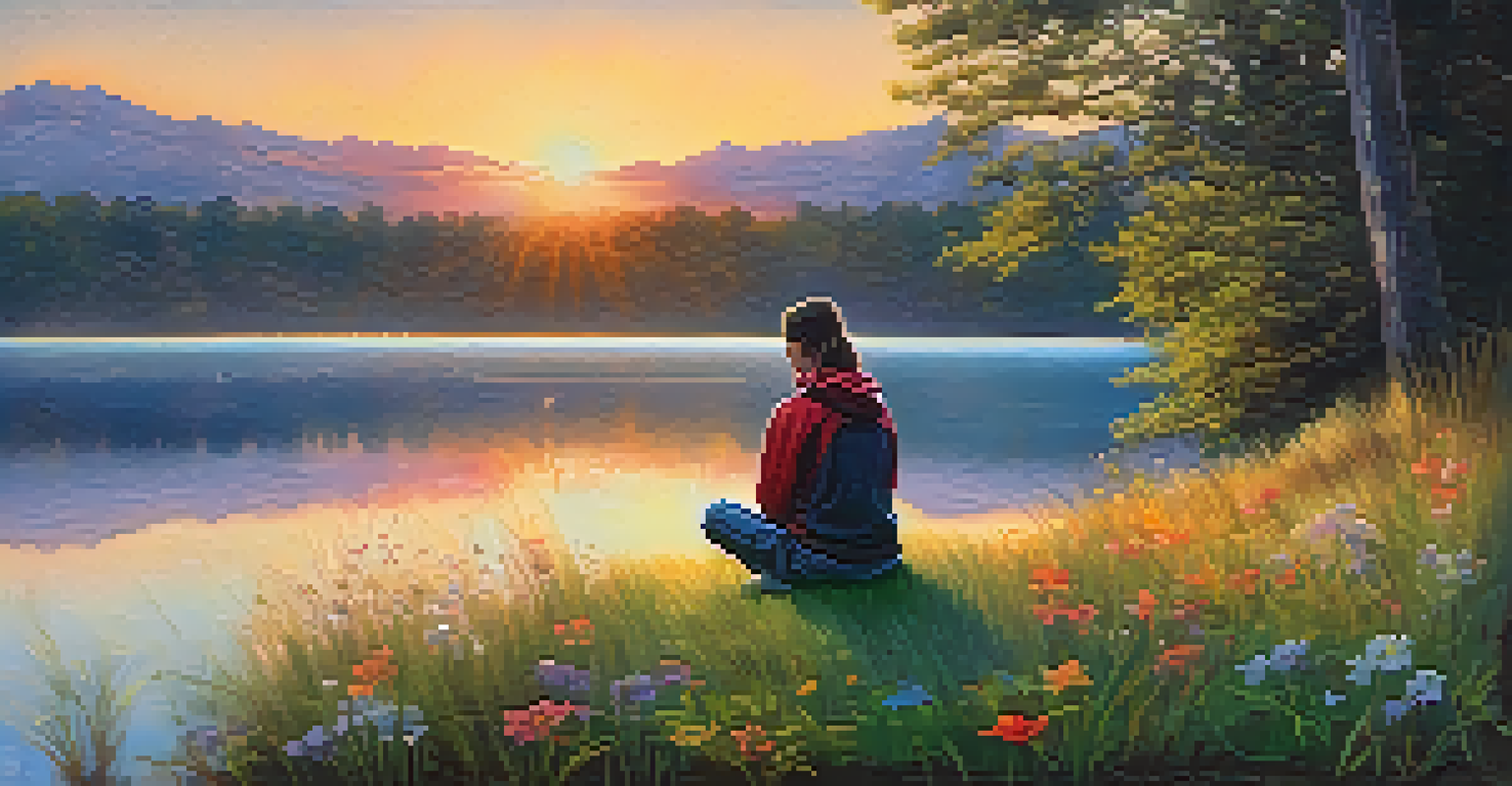 A person meditating by a serene lake at sunrise, surrounded by wildflowers, illustrating a peaceful mindfulness practice.