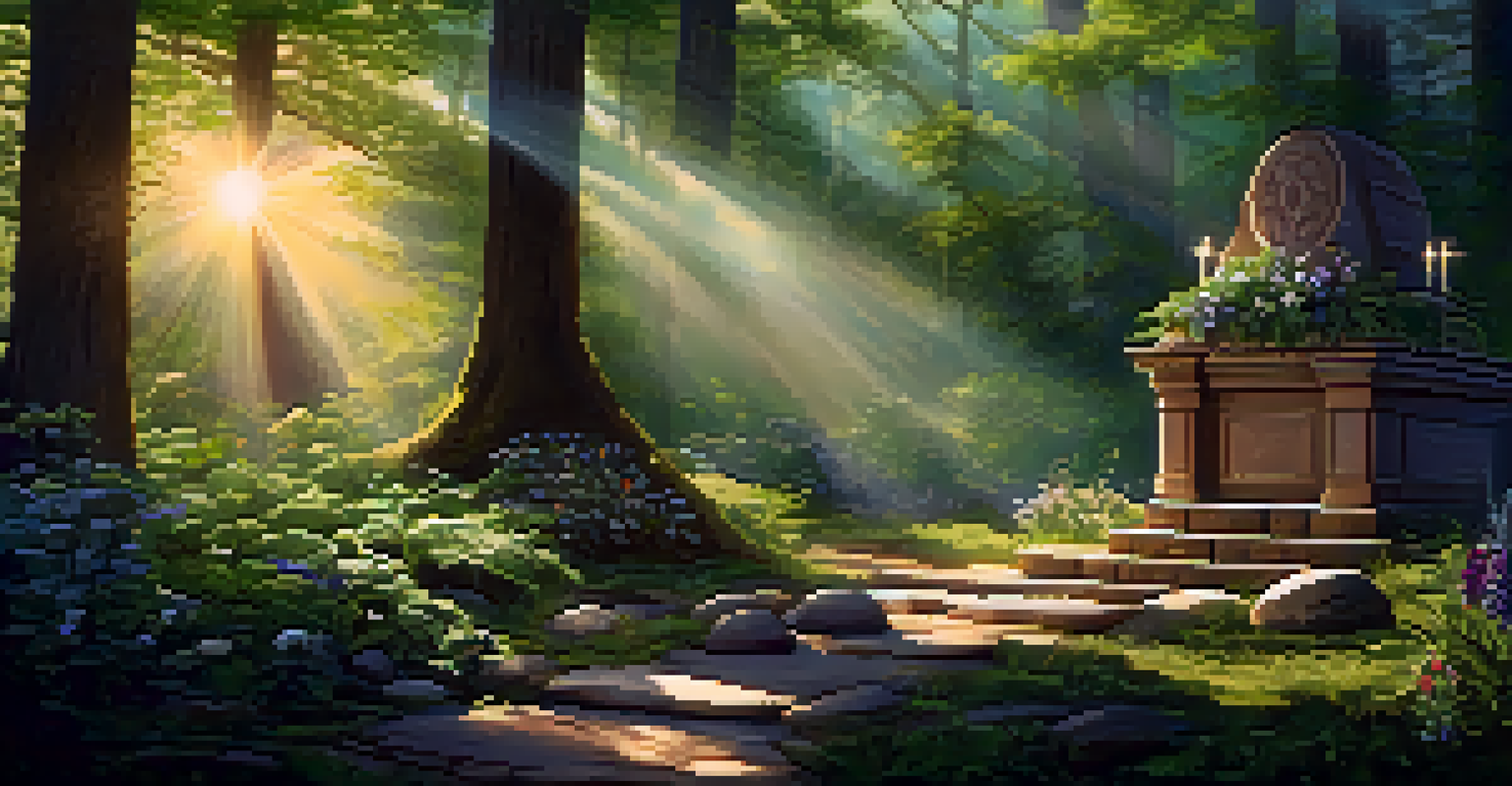 A peaceful forest clearing with a wooden altar decorated with stones and flowers, representing the connection between nature and spirituality.