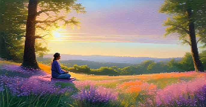 A person meditating outdoors at sunrise, surrounded by colorful wildflowers and soft sunlight.