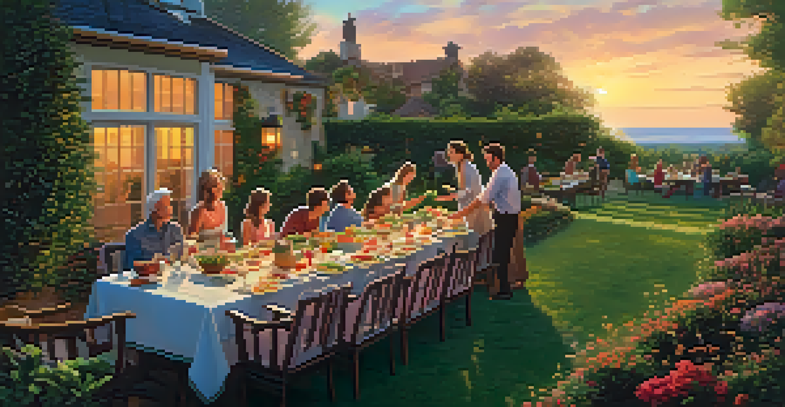 A family enjoying a meal in a garden during sunset, sharing gratitude at a long table filled with colorful dishes.