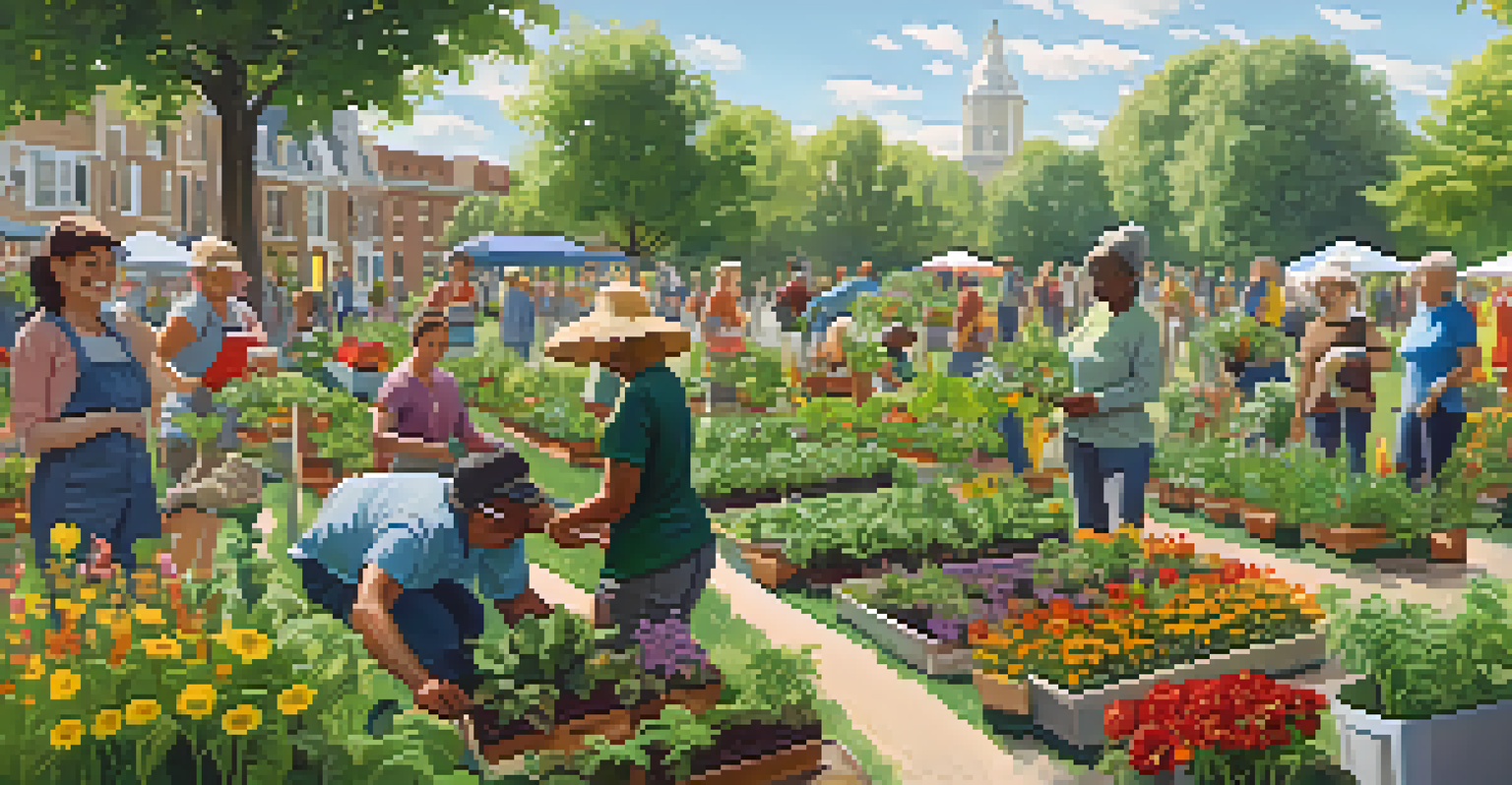 People engaging in a community gardening event in a sunny park, surrounded by greenery.