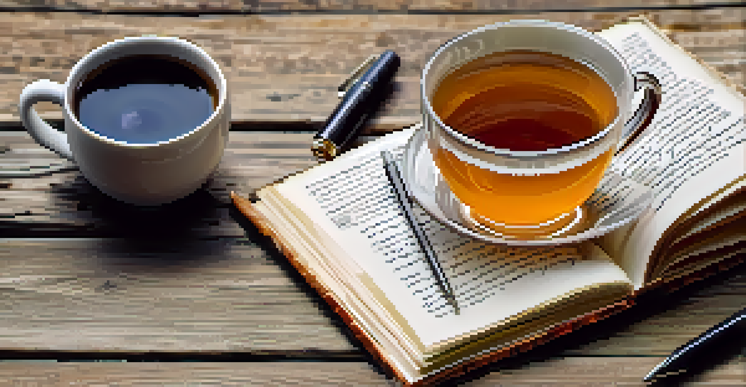 A rustic wooden table with an open journal filled with handwritten notes, a pen, and a cup of tea, all bathed in soft morning light.