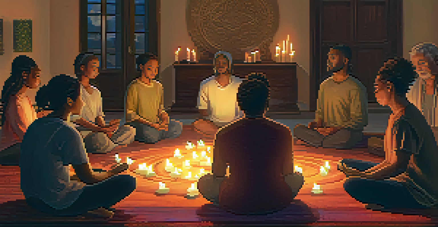 A candlelit room with a diverse group of people engaged in meditation, promoting a sense of community and spiritual connection.
