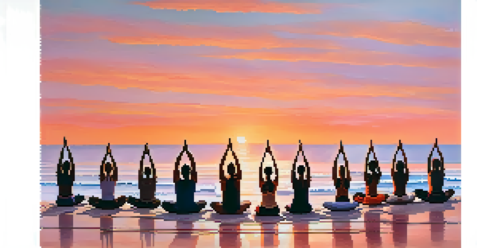 Individuals practicing yoga on a beach at sunrise, with vibrant colors in the sky and calm water in the background.