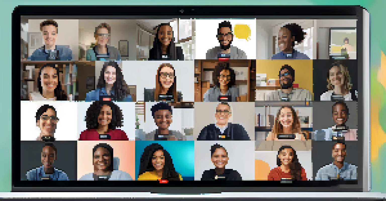 A computer screen displaying a virtual interfaith discussion among diverse young participants in their home settings, conveying collaboration and positivity.