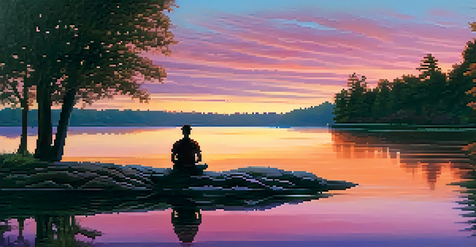 A tranquil sunset over a calm lake with a person meditating by the shore, framed by trees.