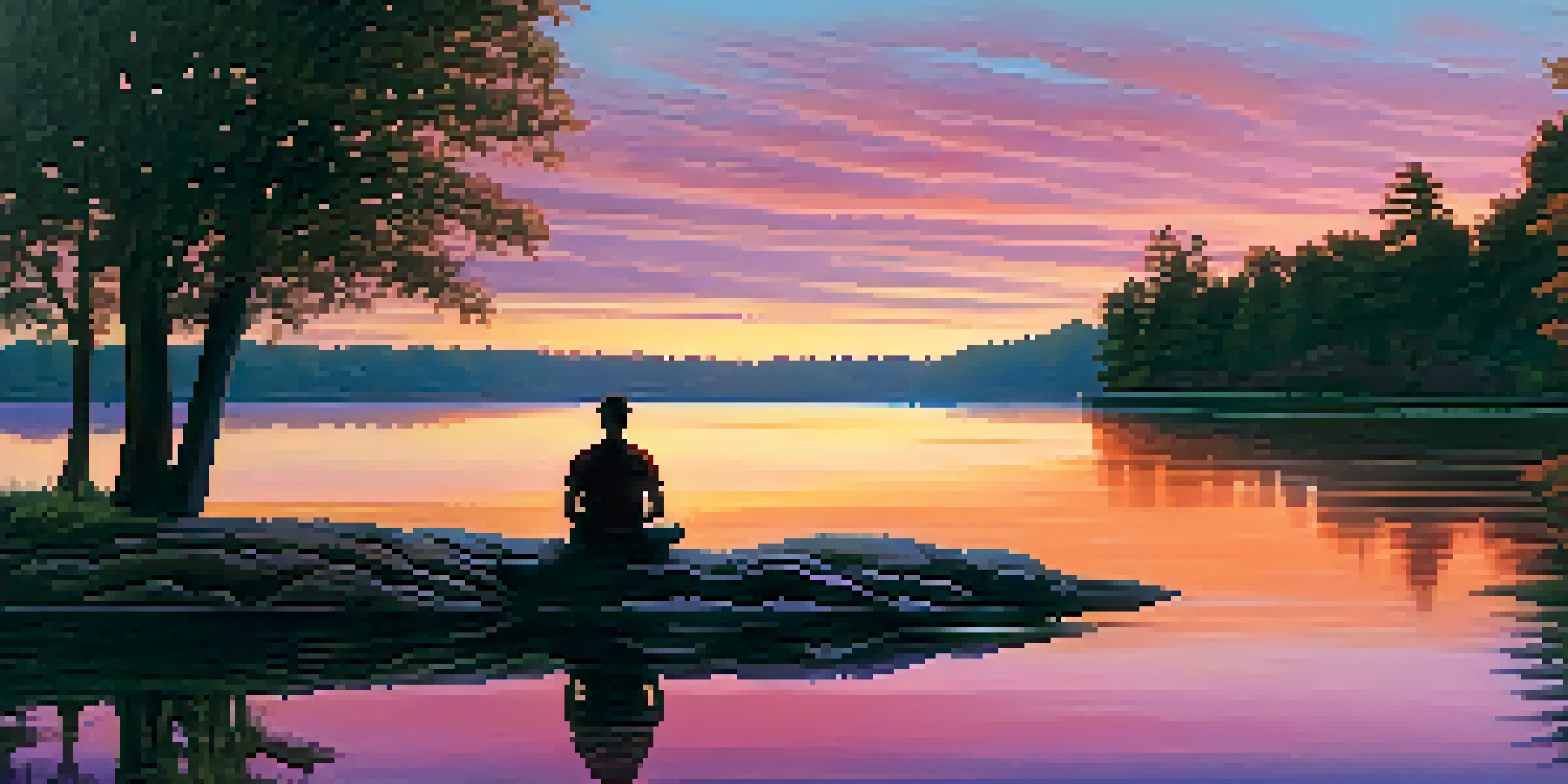 A tranquil sunset over a calm lake with a person meditating by the shore, framed by trees.