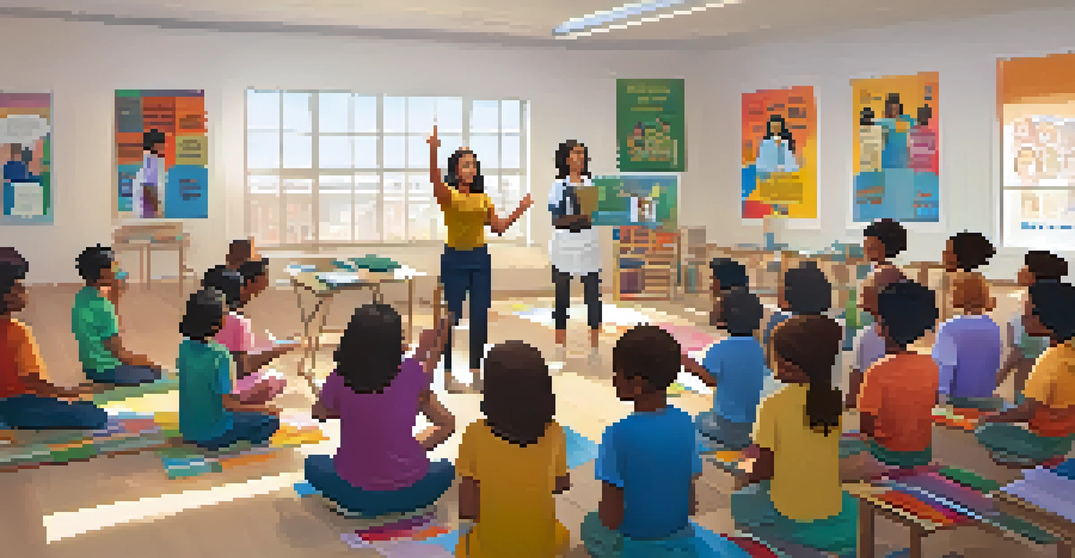 A diverse classroom filled with students participating in a peace education workshop, with a teacher facilitating discussion, surrounded by educational posters.