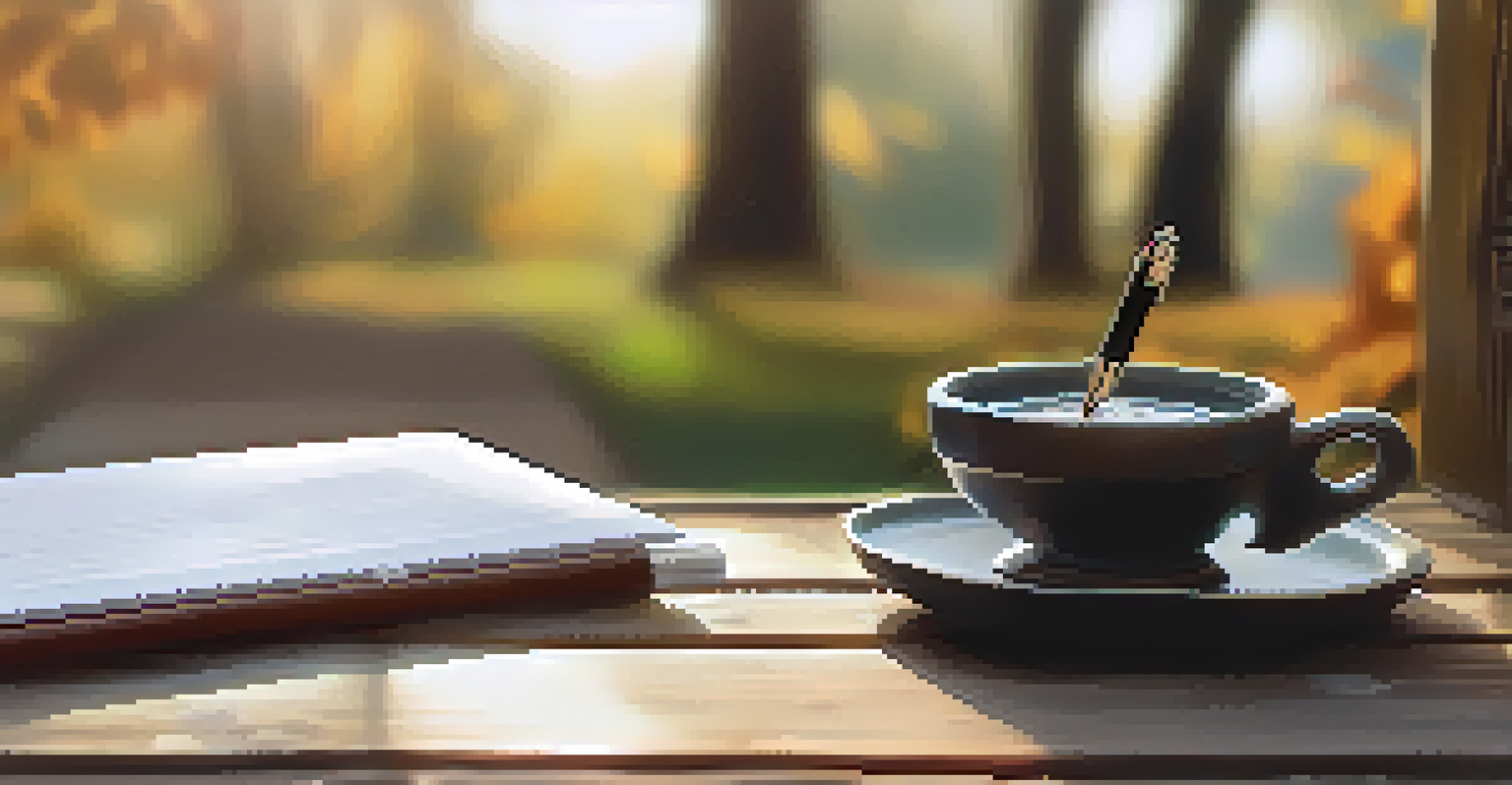 An open gratitude journal and fountain pen on a wooden table, set in a peaceful outdoor scene with sunlight and gentle greenery.