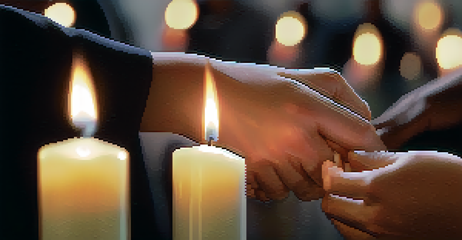 Close-up of hands lighting a candle at a memorial service, with soft light illuminating faces of people holding hands in solidarity.
