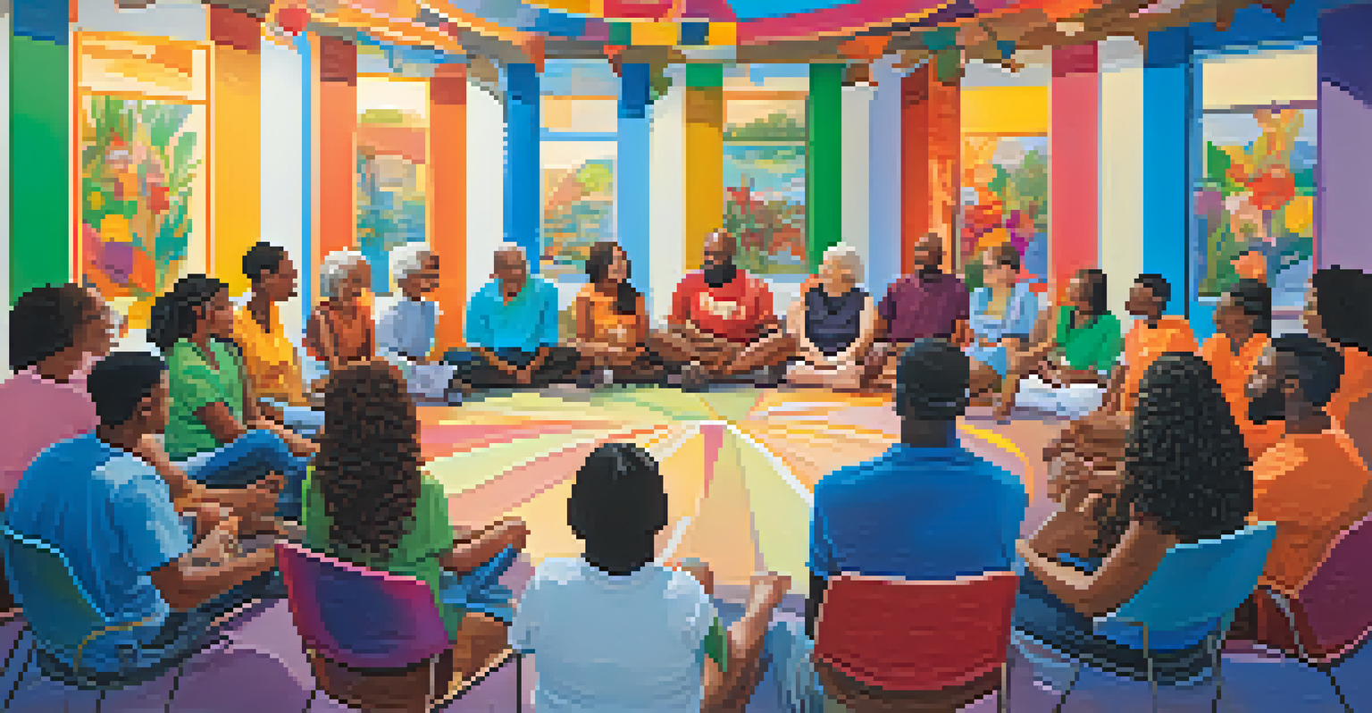 A diverse group of people gathered in a circle, engaged in a supportive discussion with a vibrant mural in the background.