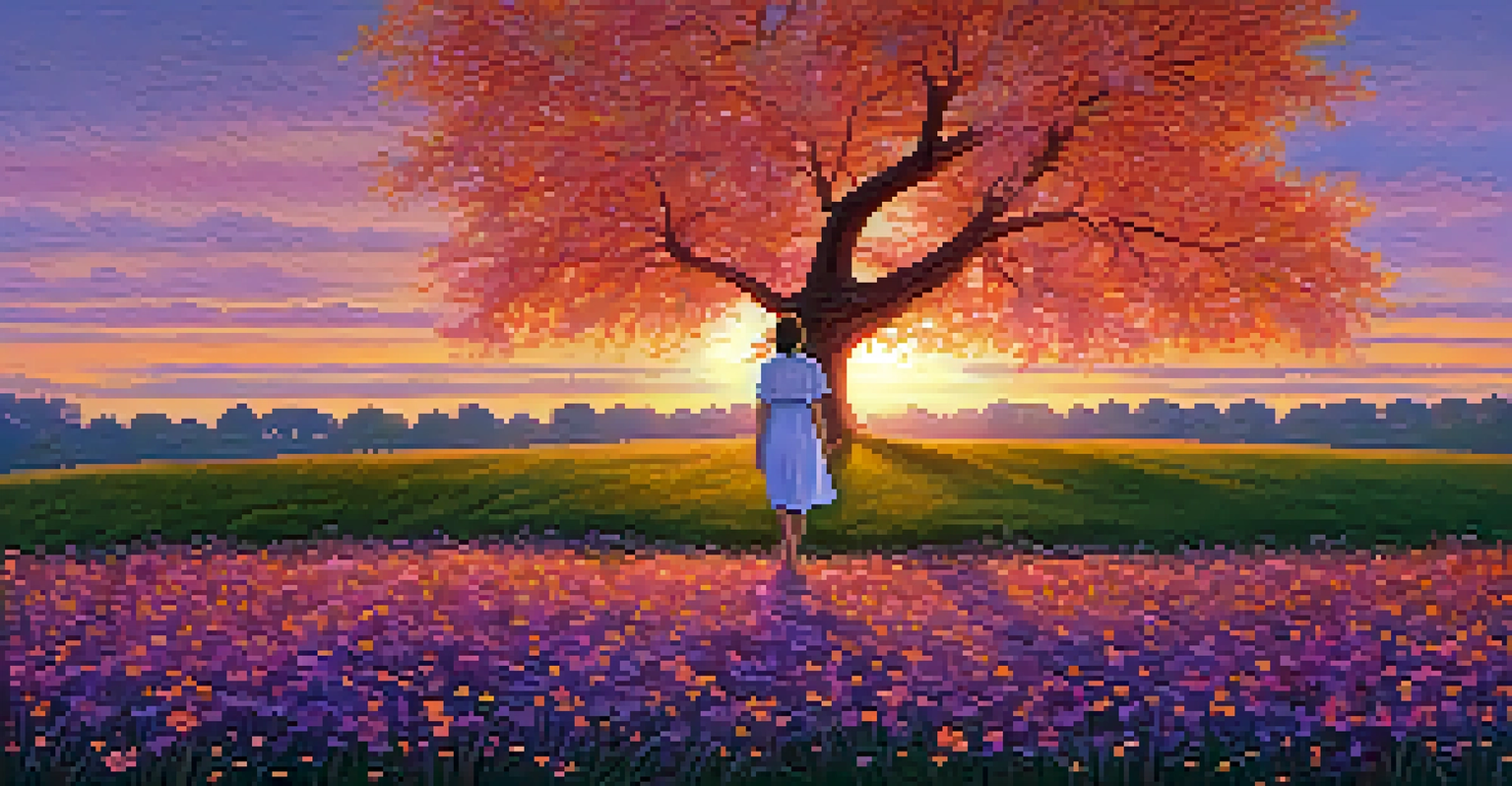 A person standing barefoot on grass with arms raised in a sunset park setting.