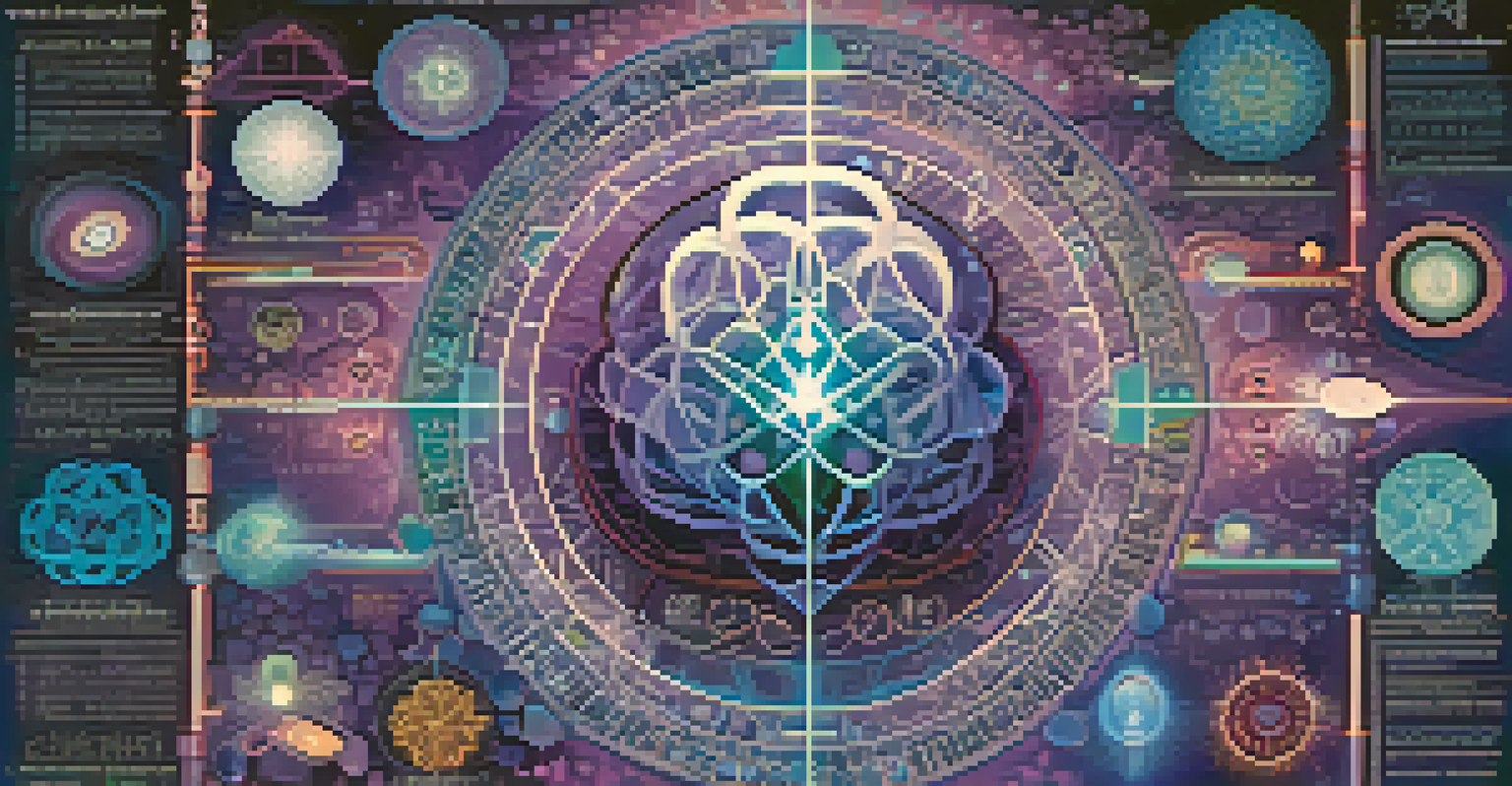 An abstract representation of the intersection of science and spirituality, with a glowing brain surrounded by scientific and spiritual symbols.