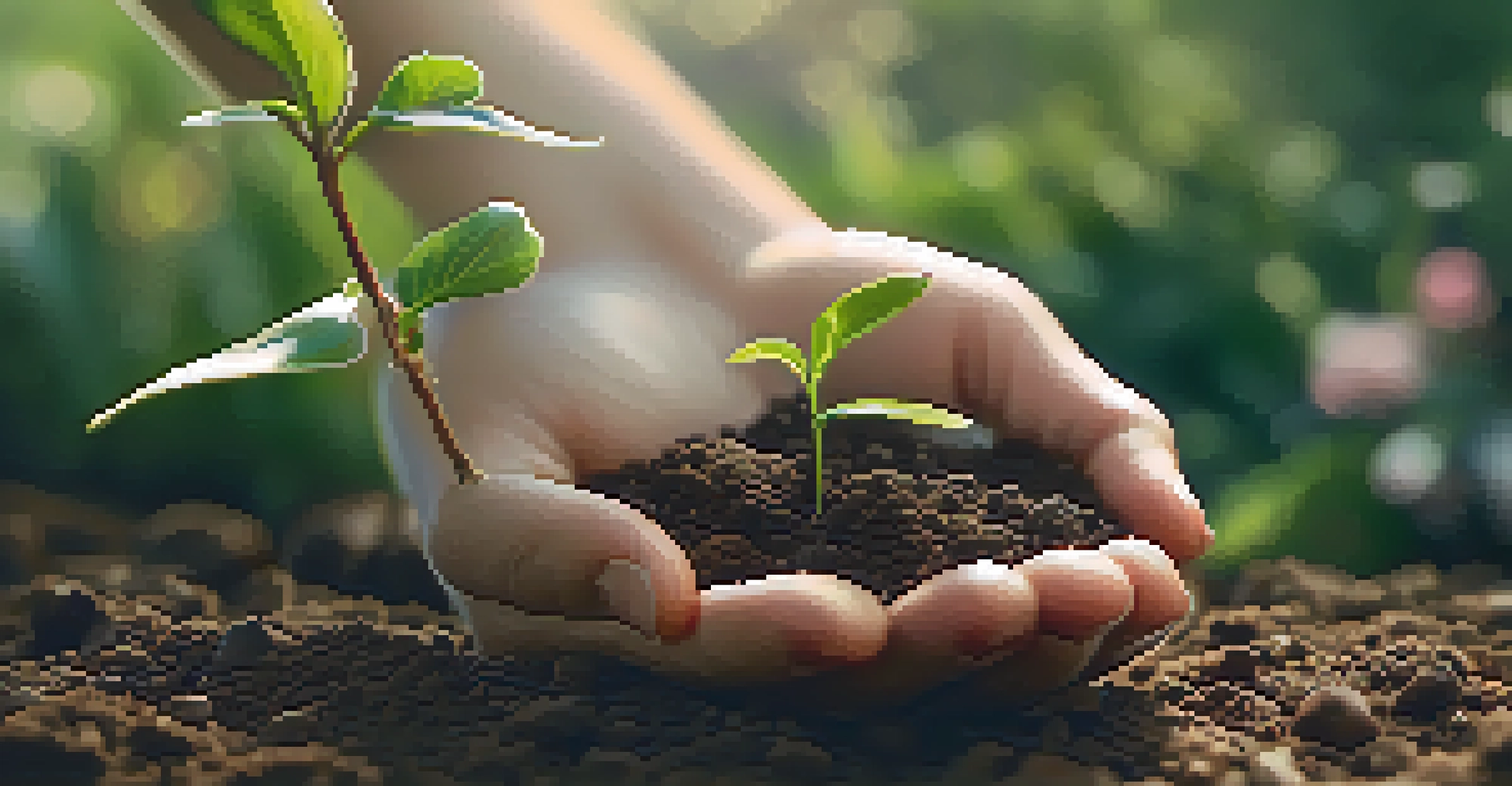 A close-up of a hand holding soil with a small plant sprouting, set in a sunlit garden.