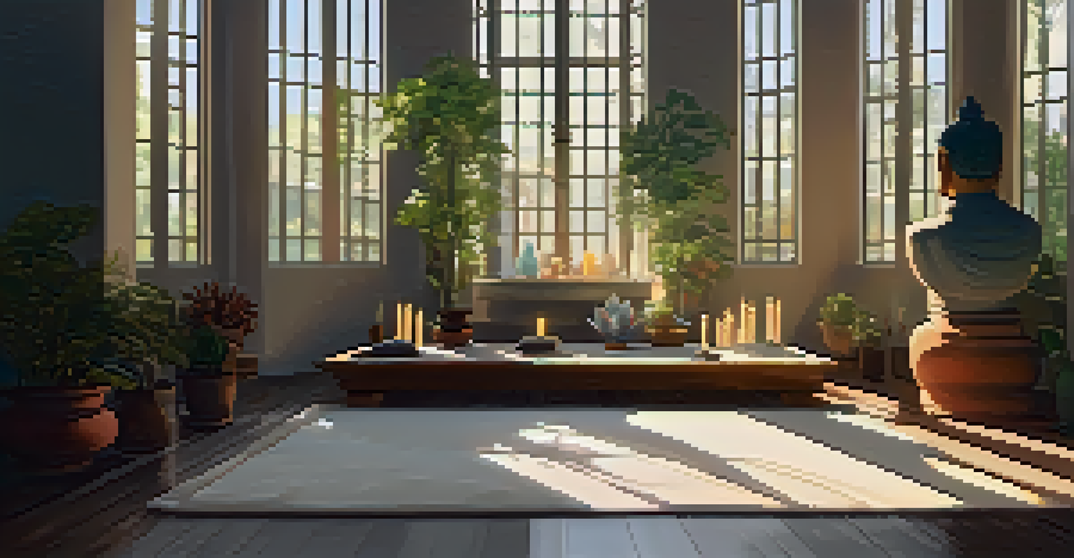 A tranquil indoor meditation space with cushions, candles, and a Buddha statue, illuminated by sunlight.