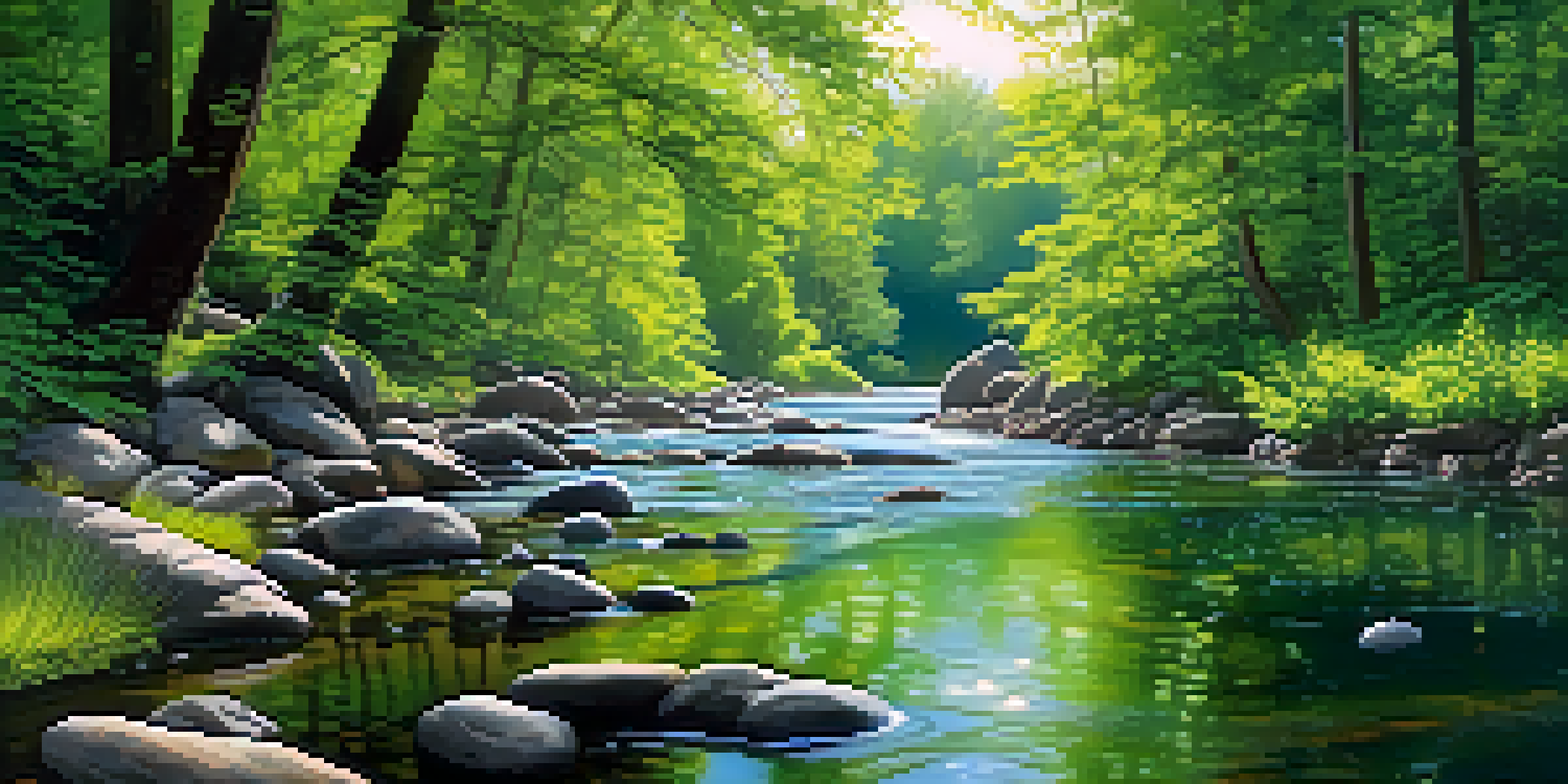 A peaceful river surrounded by a lush green forest with sunlight shining through the leaves.