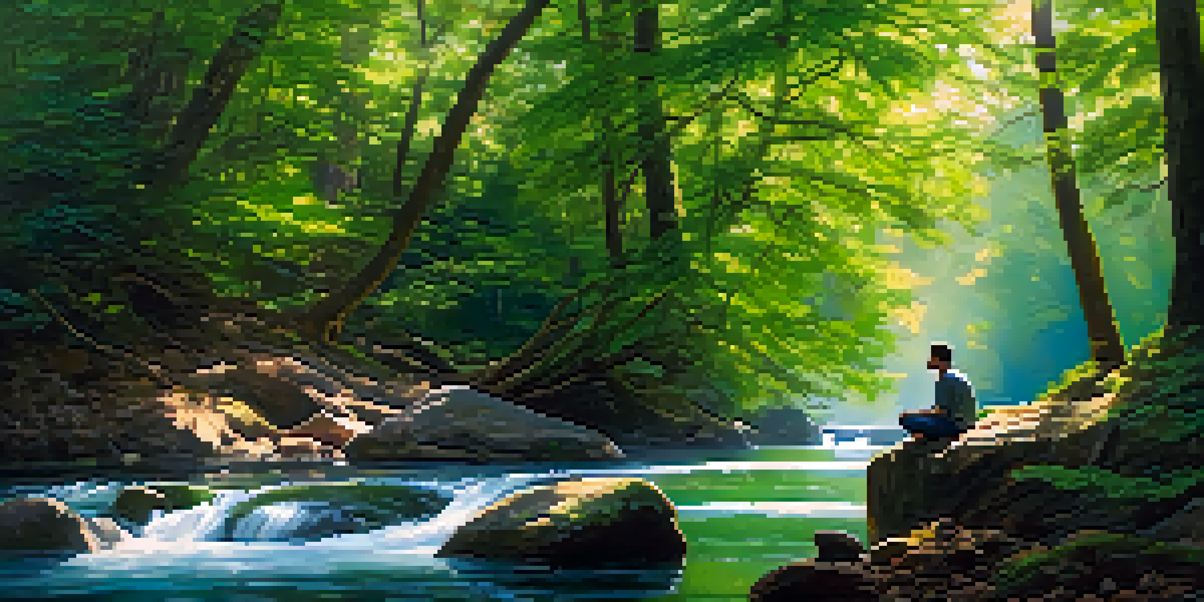 A person meditating by a peaceful river in a lush green forest with sunlight filtering through the trees.