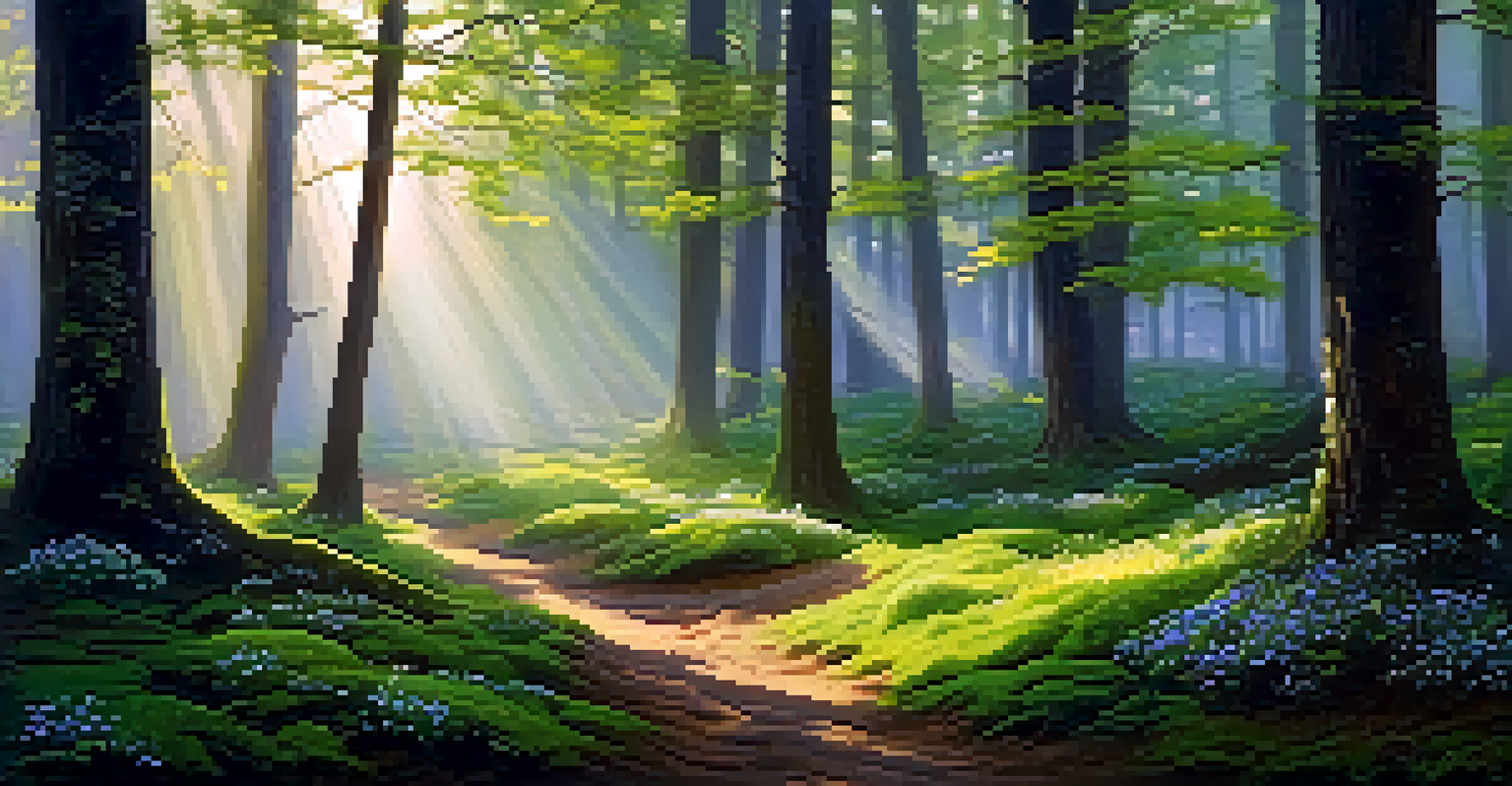 A tranquil forest at dawn with sunlight filtering through trees and mist in the air.