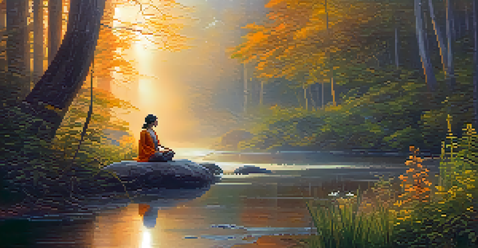 A peaceful forest at dawn with sunlight through trees, a stream, and a person meditating on a stone surrounded by greenery.