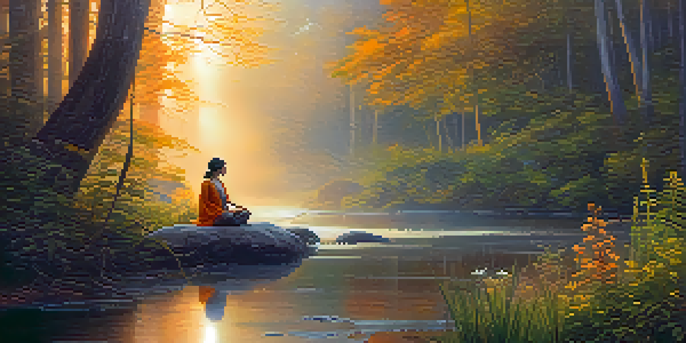 A peaceful forest at dawn with sunlight through trees, a stream, and a person meditating on a stone surrounded by greenery.