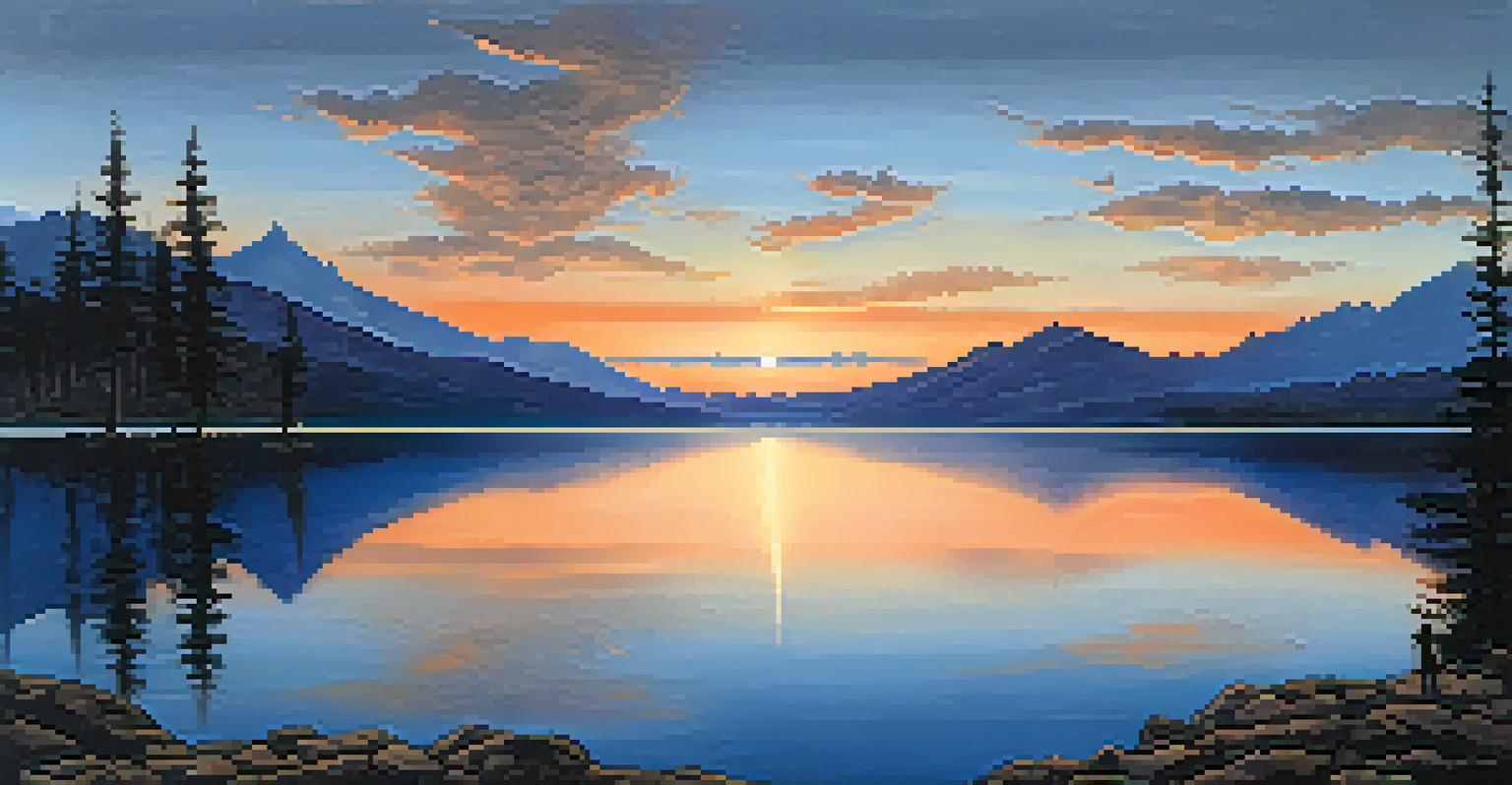 A serene mountain landscape at twilight with a lake reflecting the sky, featuring small figures meditating on the shore.