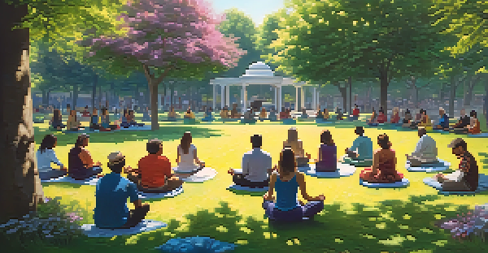 A diverse group of people meditating in a circle on the grass in a sunny park, surrounded by trees and flowers.