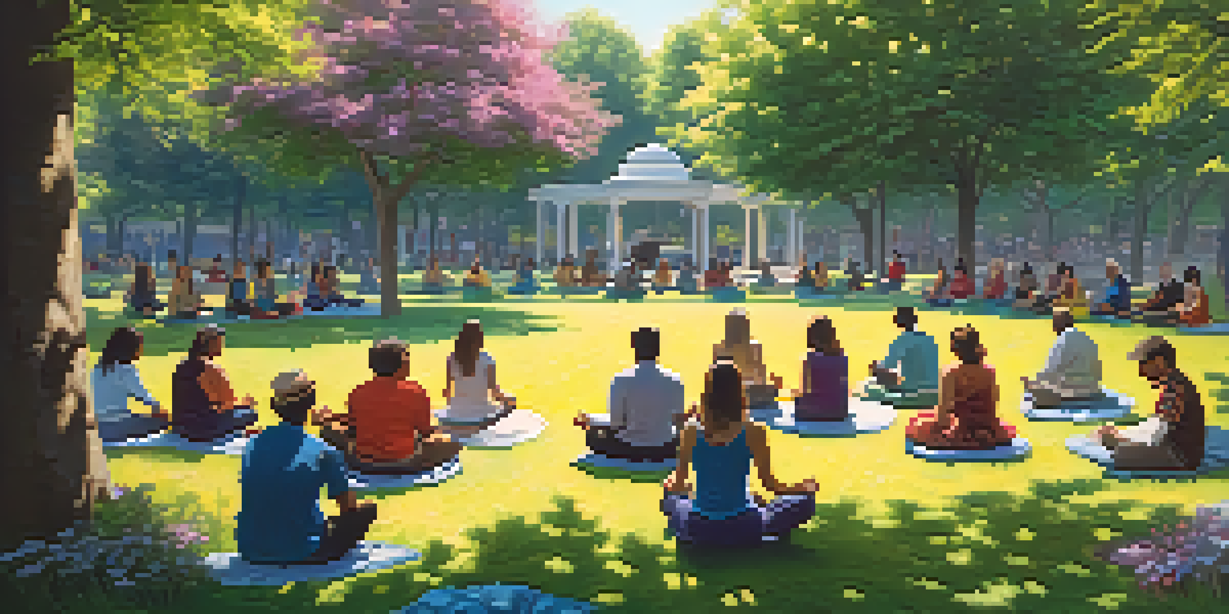 A diverse group of people meditating in a circle on the grass in a sunny park, surrounded by trees and flowers.