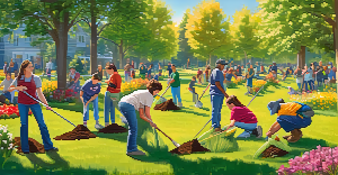 A diverse group of volunteers planting trees in a sunny park, surrounded by colorful flowers and green grass.