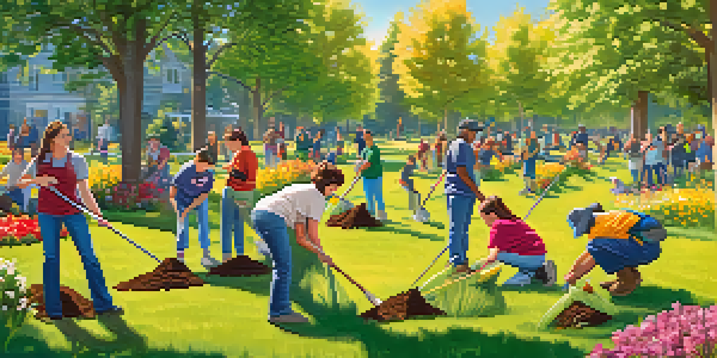 A diverse group of volunteers planting trees in a sunny park, surrounded by colorful flowers and green grass.