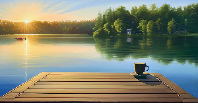 A peaceful sunrise scene by a lake with a wooden dock and a steaming cup of coffee, surrounded by trees.