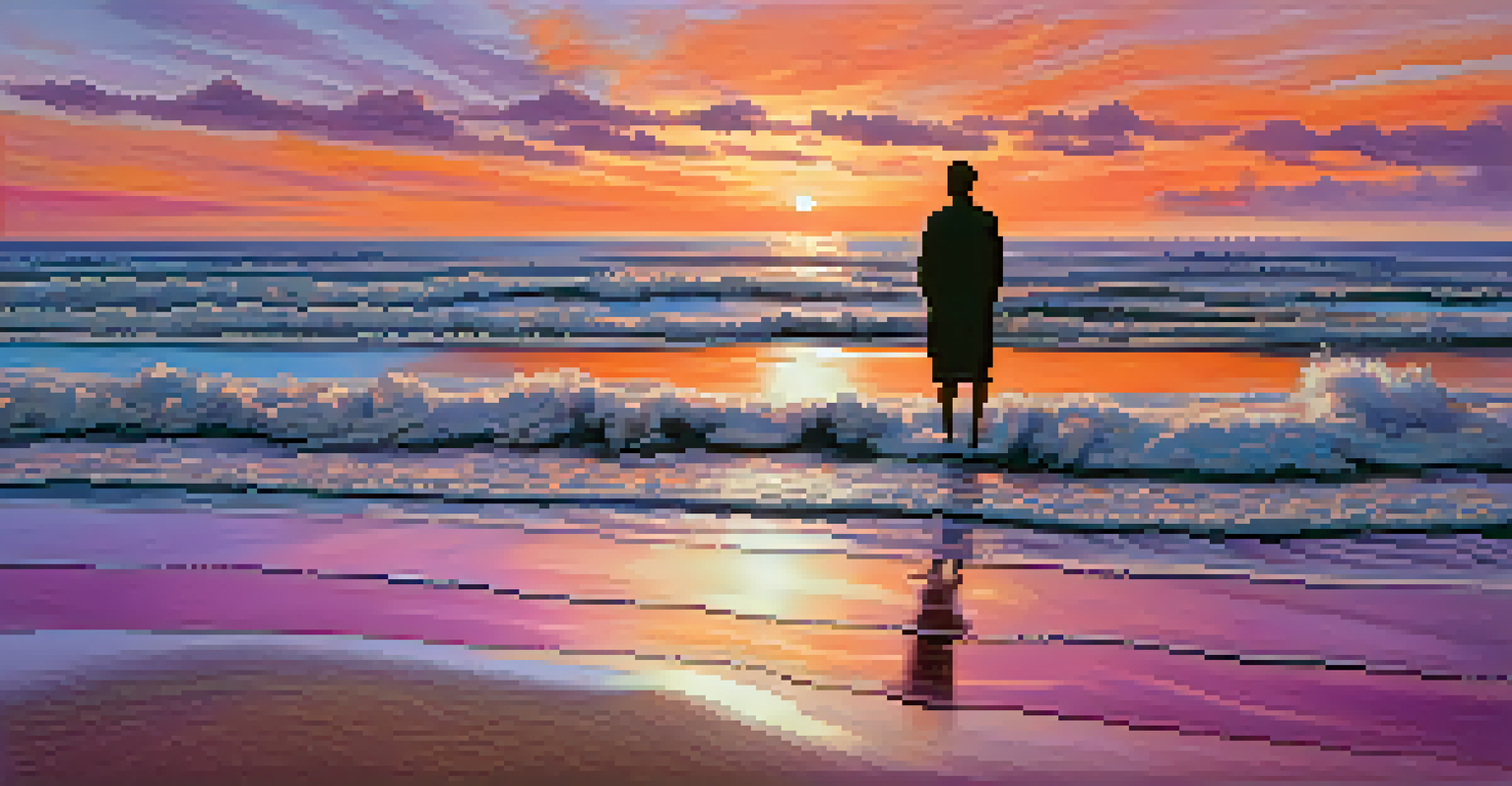 Aerial view of a tranquil beach at sunset, with a figure standing in meditation by the shoreline as vibrant colors reflect on the water.
