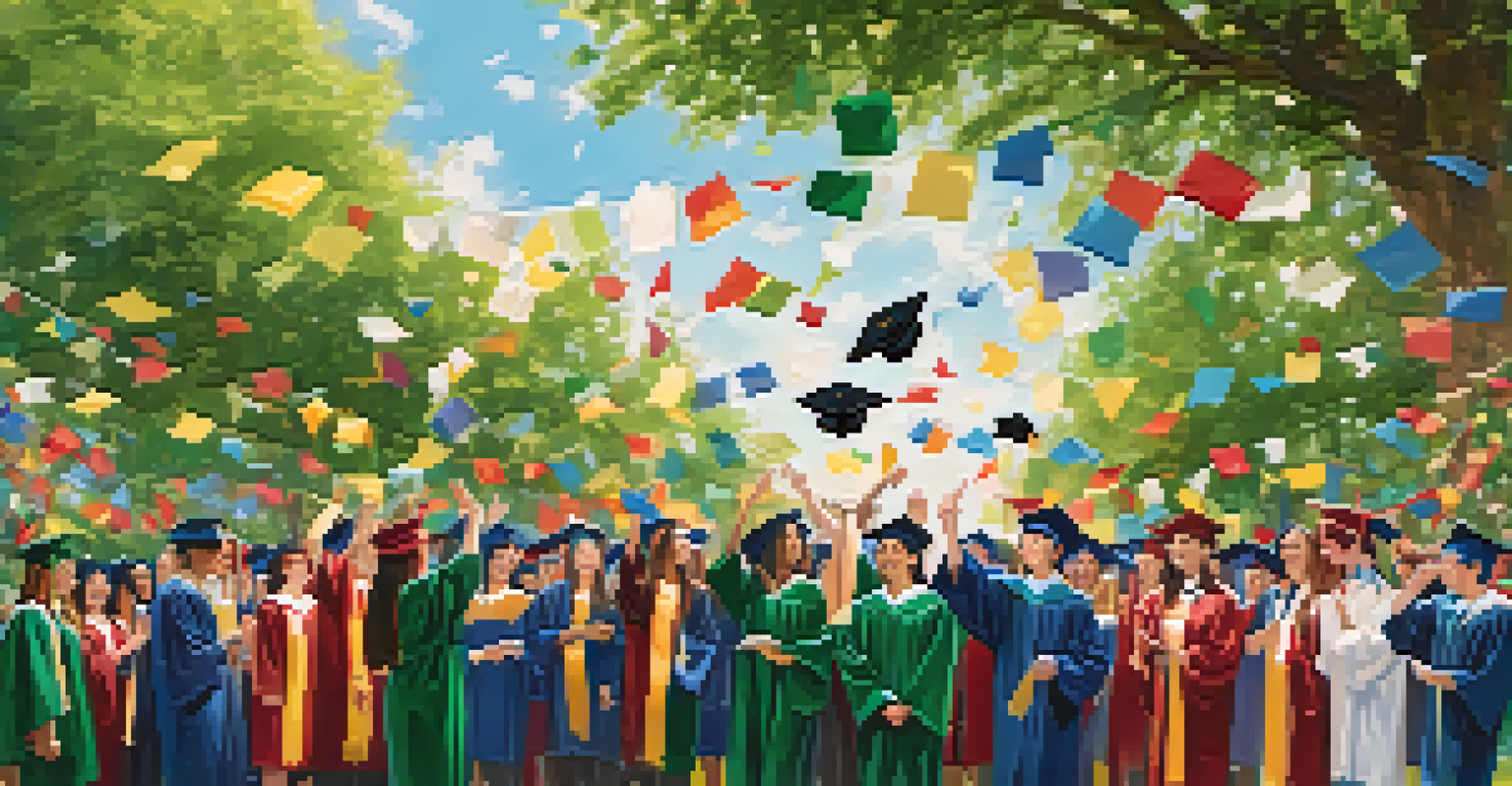 A graduate celebrating by throwing their cap in the air at an outdoor graduation ceremony, with friends and family cheering in the background.