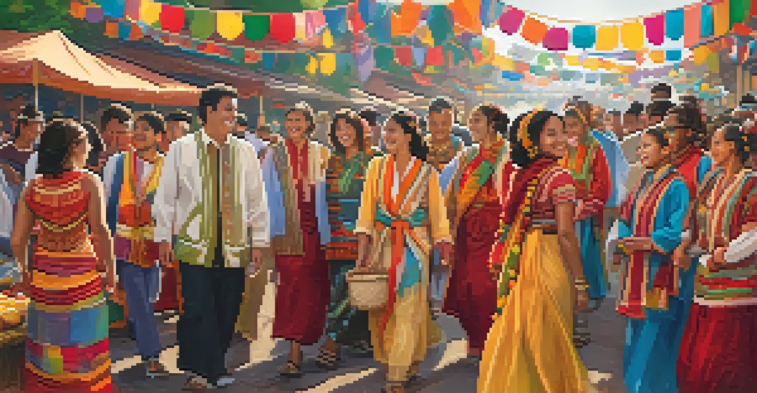 A colorful cultural festival scene with people in traditional clothing celebrating together, surrounded by diverse foods and decorations.